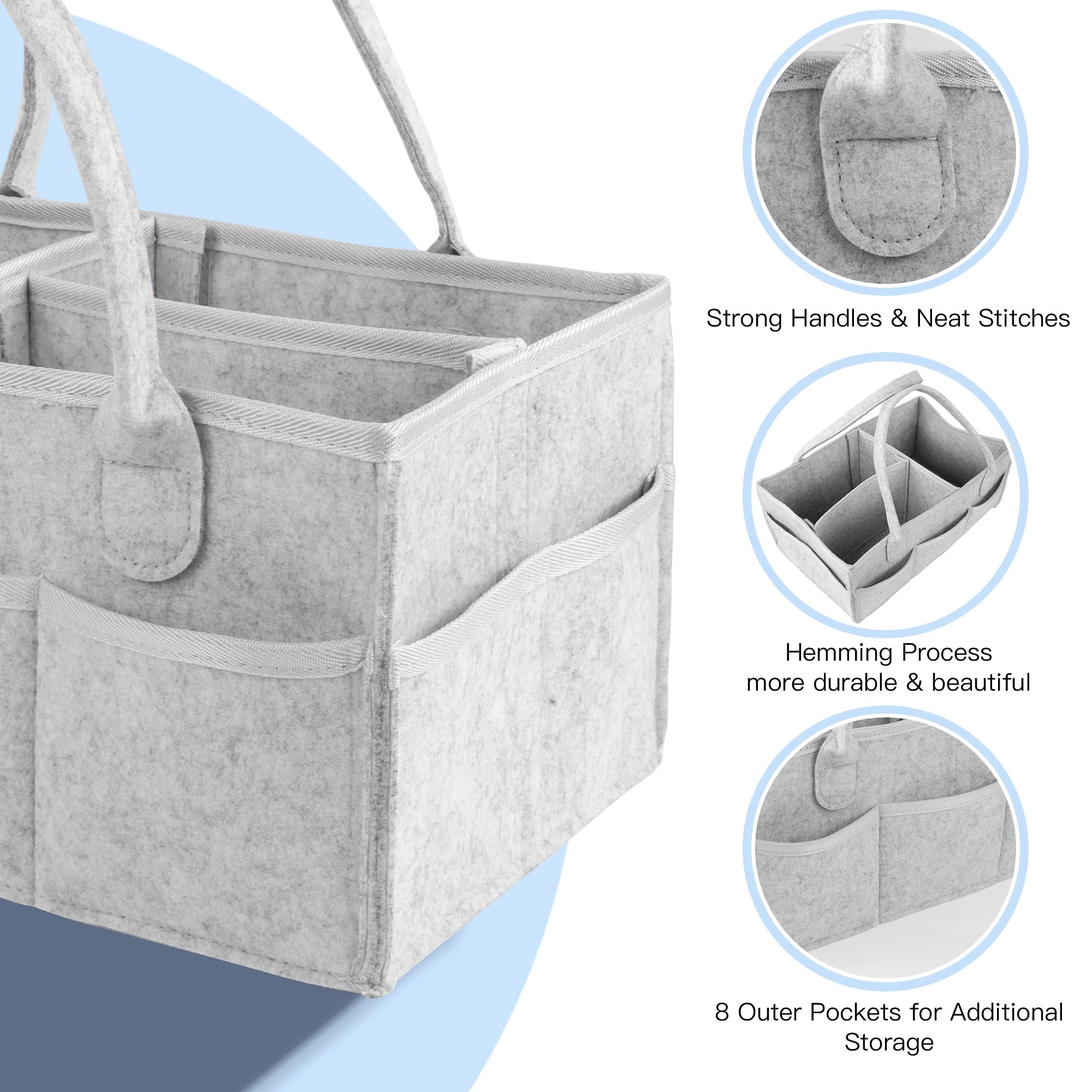 PHILORN Baby Diaper Caddy Organizer with Dividers & Handle - Portable Gray Felt Diaper Storage for Changing Table, Car, Nursery - Perfect Baby Shower Gift for New Parents