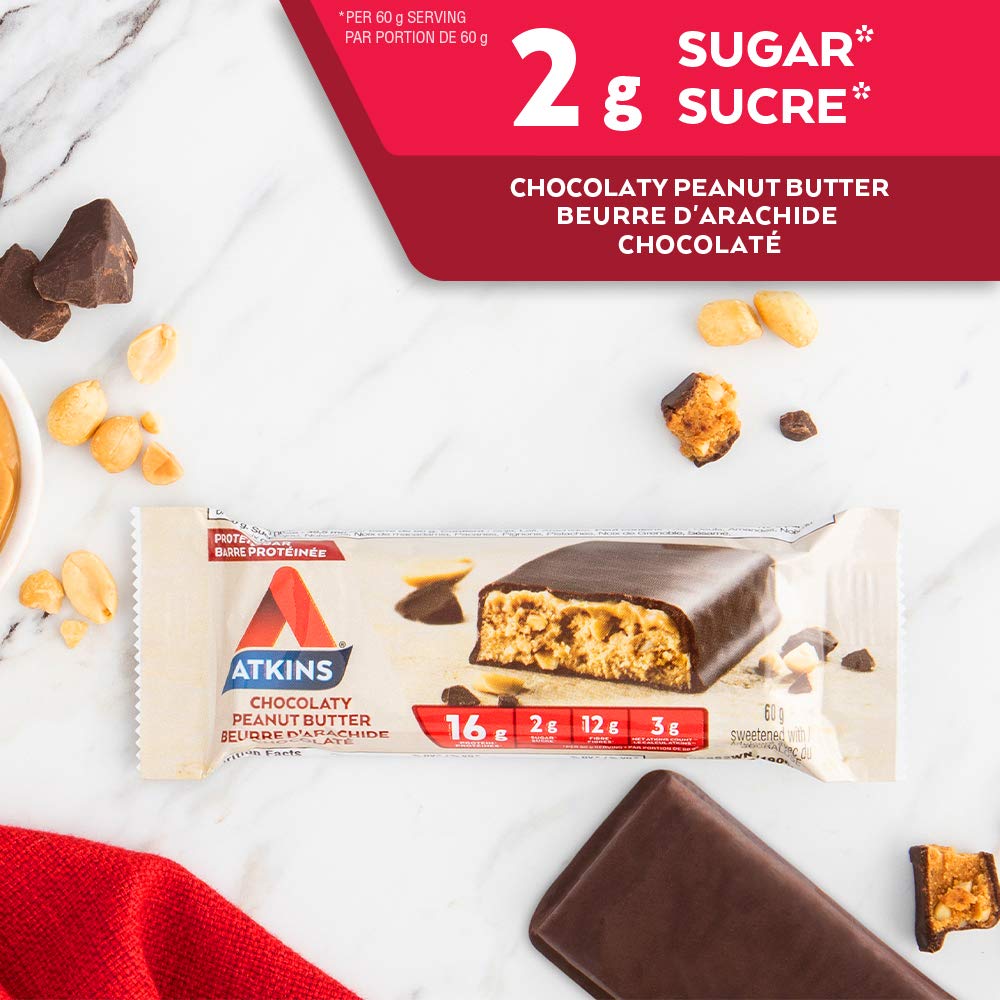 Atkins Protein Bars - Chocolate Peanut Butter, Low Sugar Keto Snacks, High Protein & Fiber, 2g Sugar 3g Net Carbs (5 Count) - Perfect for Weight Loss, Gym Workouts & On-the-Go Healthy Snacking