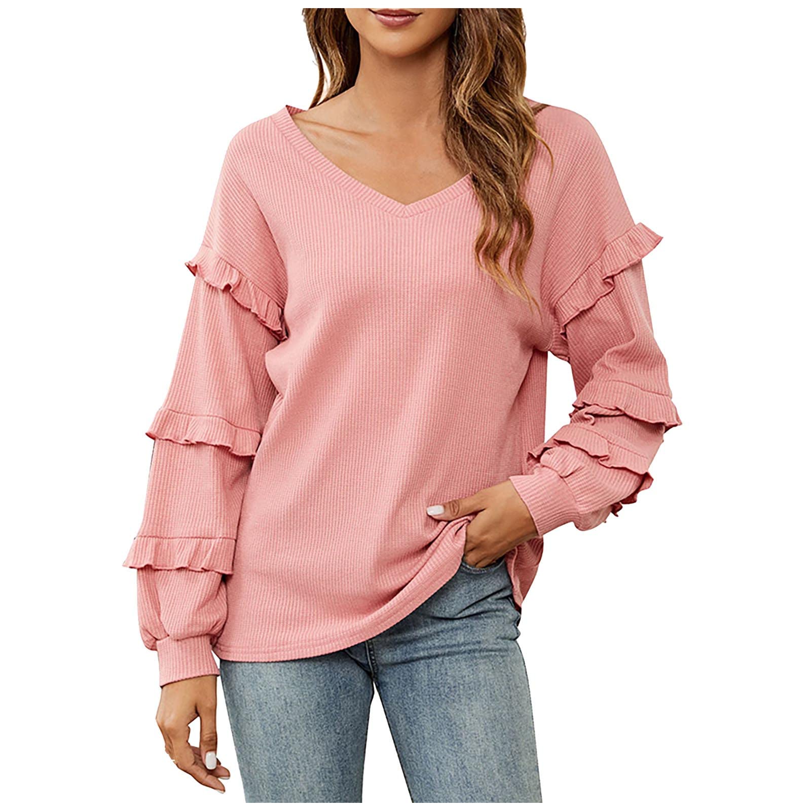 Women's Casual V-Neck Waffle Sweatshirt - Fall 2022 Loose Pullover Blouse with Ruffle Lantern Sleeves | Solid Color Tops for Autumn Layering & Everyday Wear