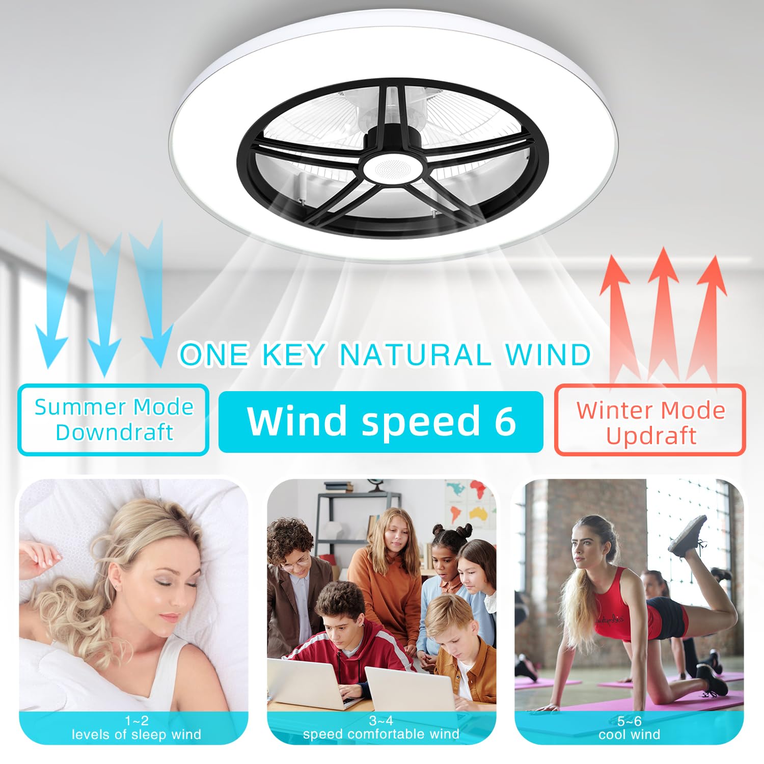 BAYSQUIRREL 20In Smart Bladeless Ceiling Fan with Light and Bluetooth Speaker - WiFi, Alexa, Google Assistant & App Control - 6 Speed Dimmable LED RGB Lights for Bedroom, Living Room, Office - Ultra Quiet Modern Design