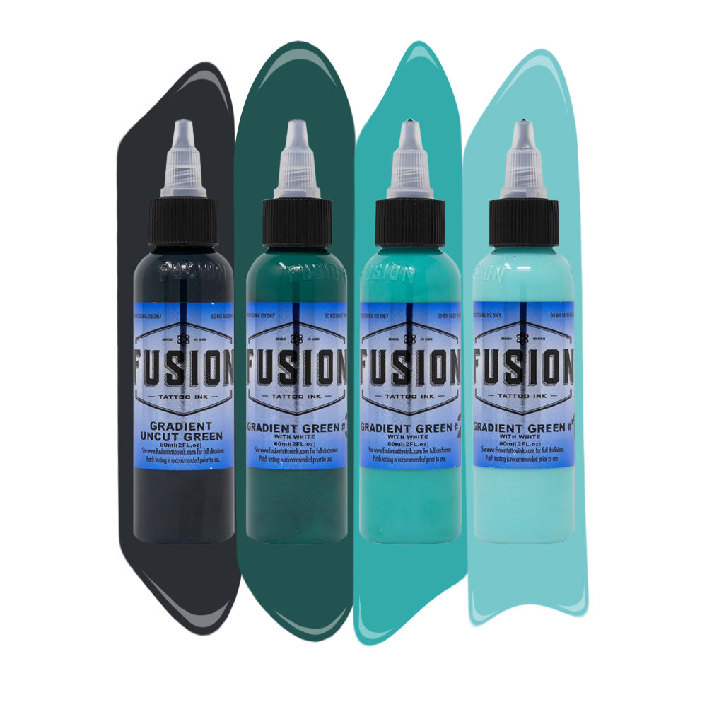 Premium Fusion Tattoo Ink Set - 4 Pack Gradient Green with White (1oz Each) - Professional Body Art Supplies for Tattoo Artists & Beginners - Perfect for Sleeves, Cover-ups & Detailed Work