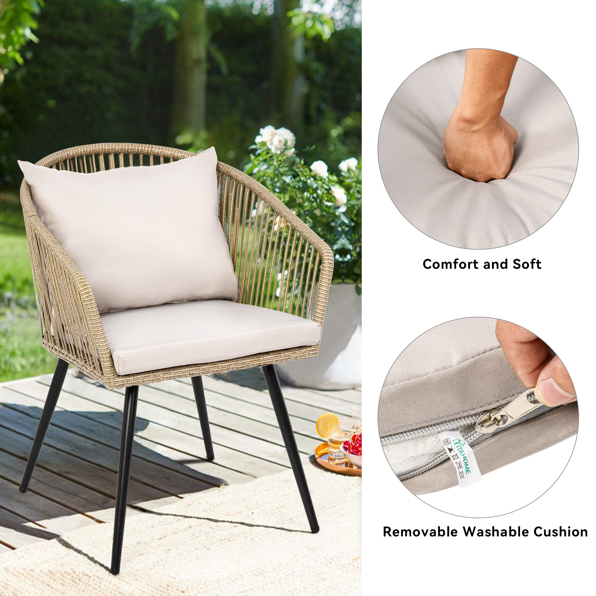 YITAHOME 3-Piece Wicker Patio Furniture Set - Outdoor Rattan Chairs with Cushions & Glass Side Table - Gray Balcony Conversation Set for Backyard, Apartment, Garden (Perfect for Relaxing & Entertaining Outdoors)