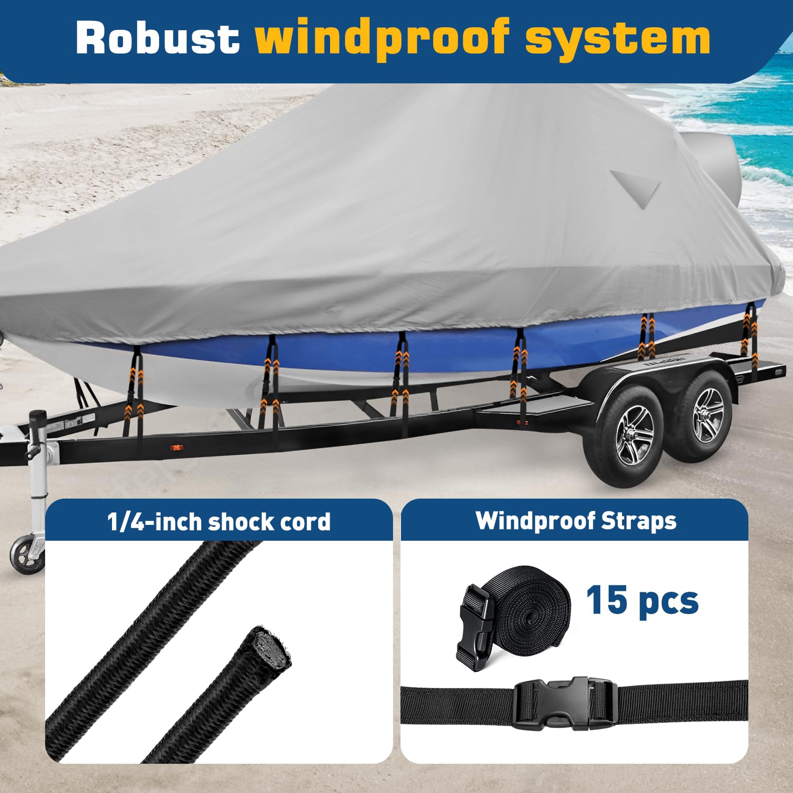Heavy Duty 900D Marine Waterproof Wake Tower Boat Cover - Fits V Hull Runabout Ski Boats 23-25ft (Gray) | Durable Protection for Wakeboard Boats, Ideal for Outdoor Storage & Mooring