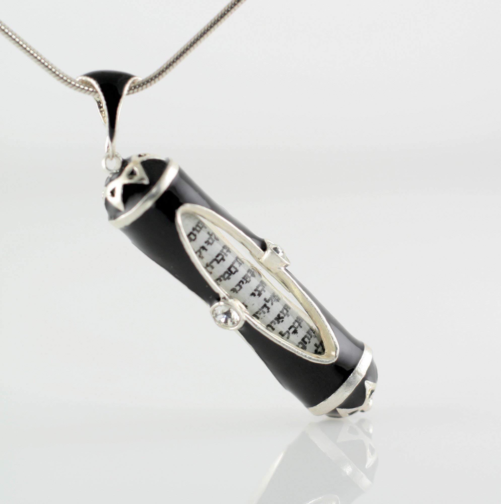 925 Sterling Silver Mezuzah Necklace with Black Enamel & Crystals, Jewish Prayer Pendant for Men and Women, Oval Window Design, Perfect for Religious Gifts and Daily Wear