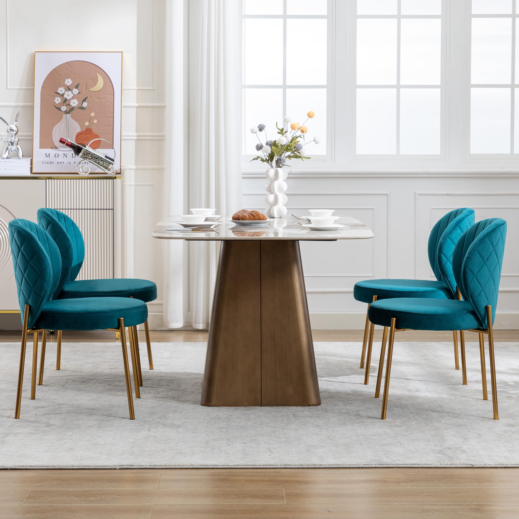 4-Piece Velvet Dining Chairs Set - Mid Century Modern Upholstered Vanity Chairs with Gold Metal Legs for Kitchen, Dining Room & Living Room | Teal Green Home Decor | Comfortable Seating for Entertaining & Daily Use