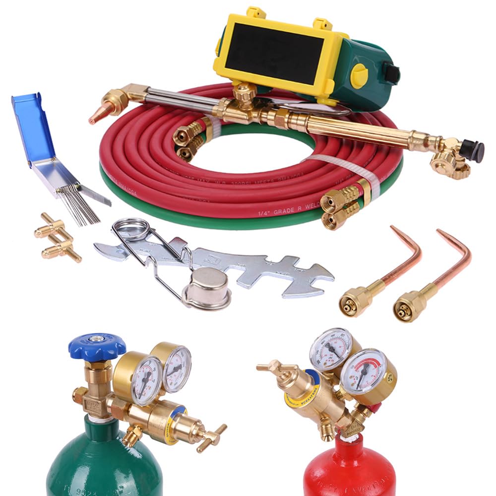 Portable Oxygen Acetylene Welding & Cutting Torch Kit with Brass Nozzle & Pressure Gauge - Professional Gas Cylinder Welding Tools for Metal Fabrication, Pipe Repair & DIY Projects