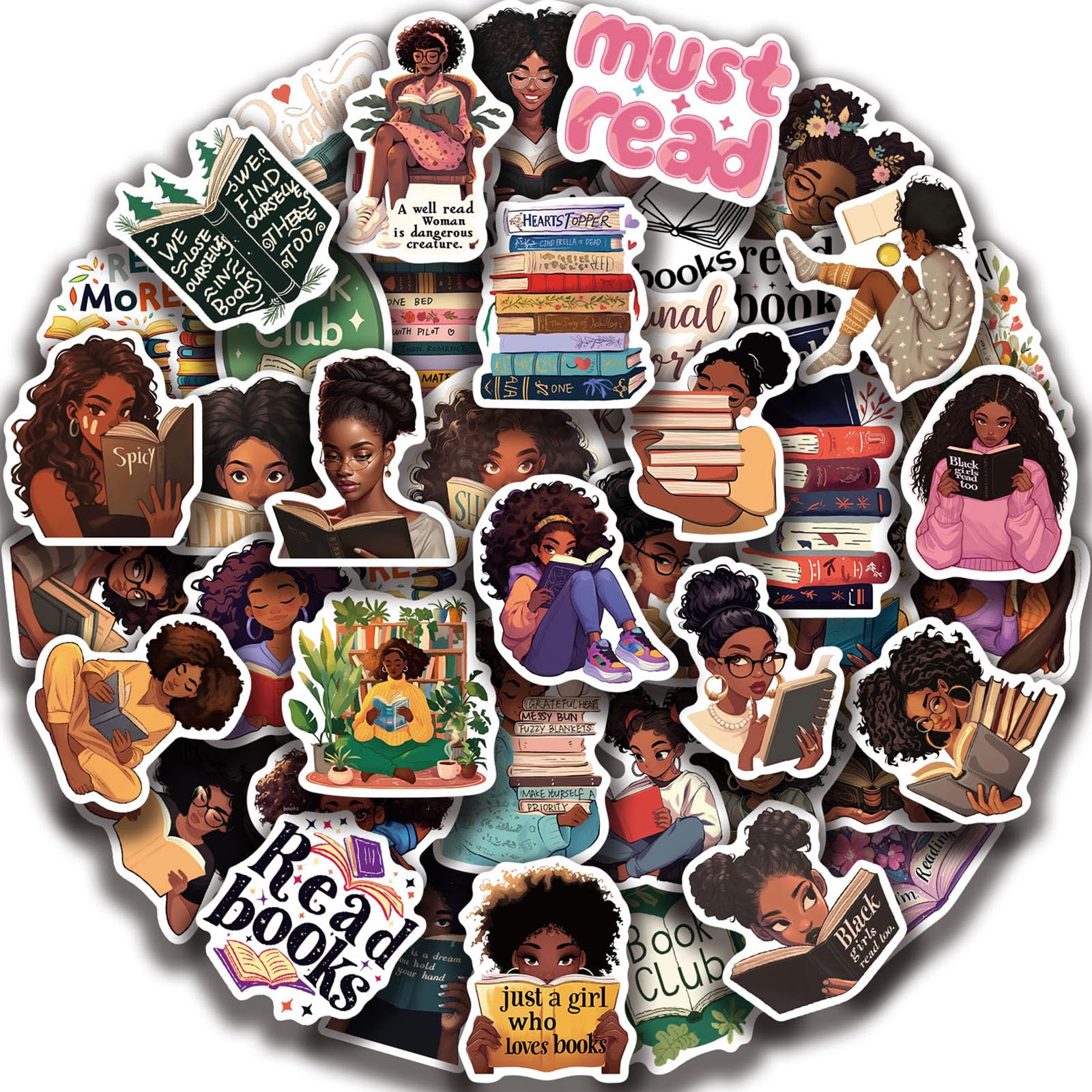 50 Pcs Black Girl Bookish Stickers for Kindle & Laptop - Bookworm Reading Stickers, Black Woman Book Lover Gifts, Vision Board Decals - Perfect for Journals, Planners, Water Bottles & DIY Crafts