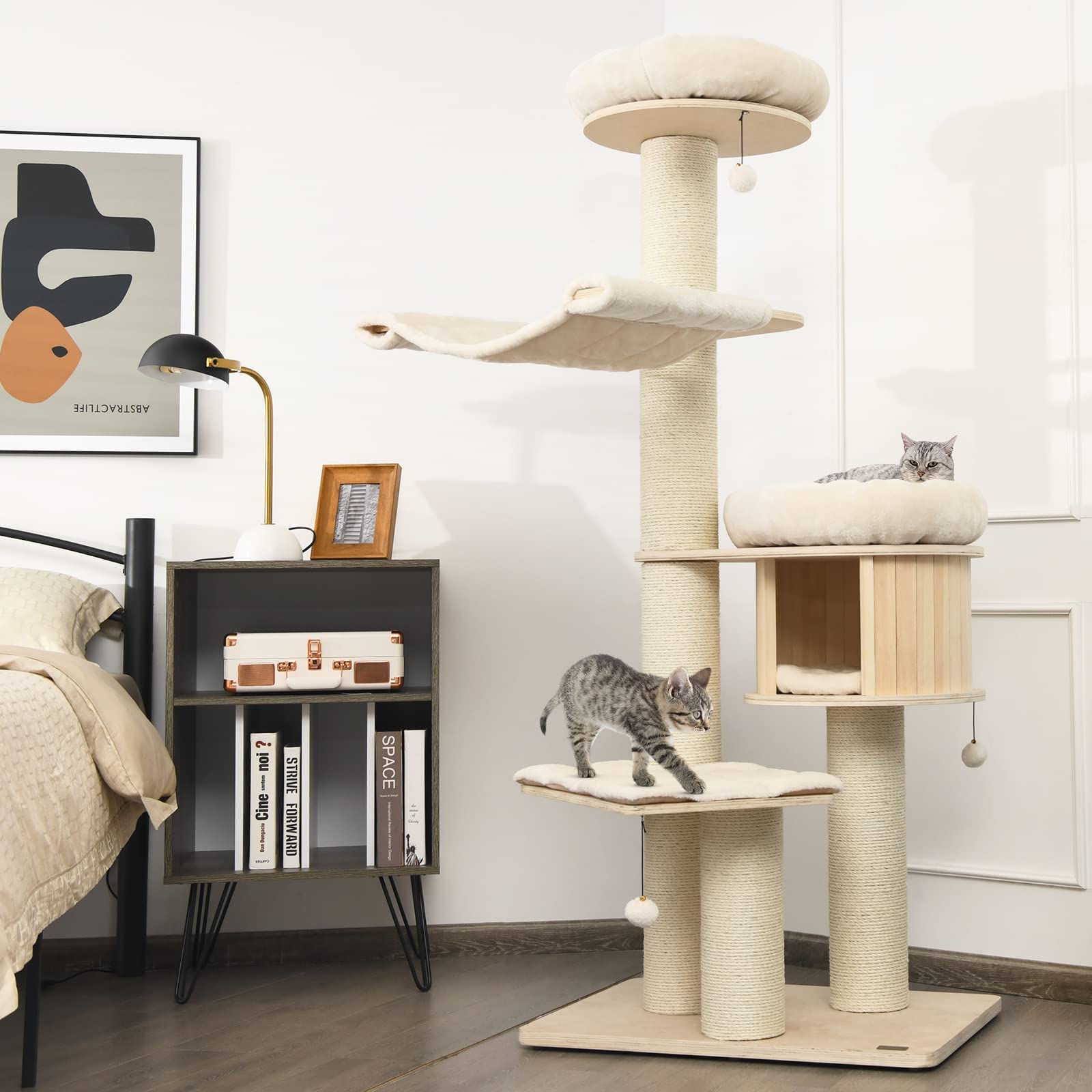 Tangkula Modern Multi-Level Cat Tree for Large Cats - Tall Wooden Cat Tower with Condo, Hammocks, Hanging Basket & Sisal Scratching Posts - Washable Cushions for Indoor Cats - Perfect for Play, Rest & Climbing in Home or Office
