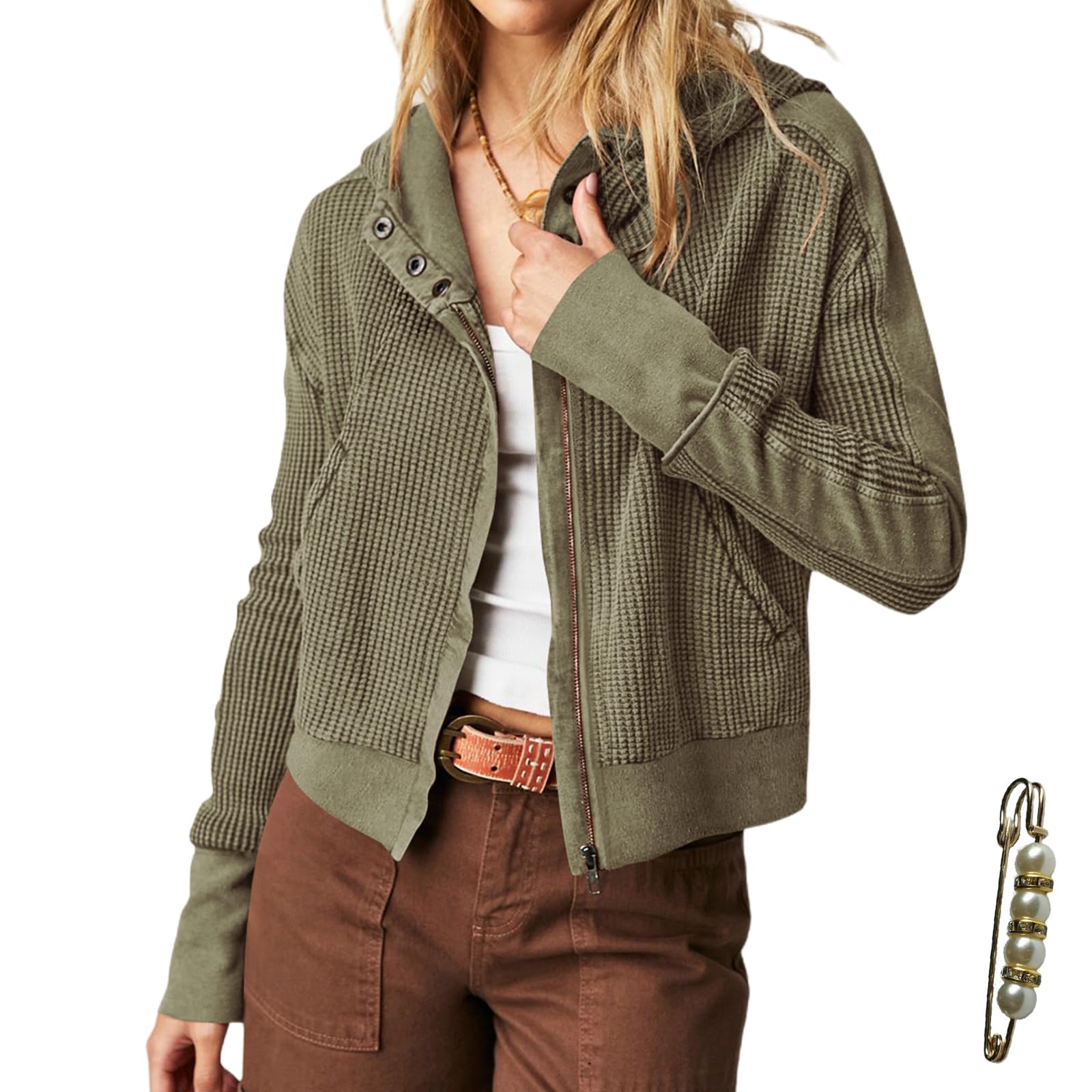 Y2K Womens Waffle Knit Hooded Sweater - Thermal Ribbed Sweatshirt with Button Details & Pockets | Cozy Casual Outerwear for Fall & Winter | Perfect for Streetwear, Layering & Coffee Dates
