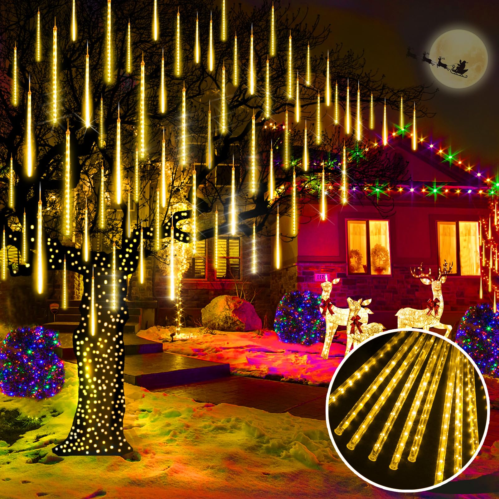 KNONEW 15 Inch Meteor Shower Lights - 24 Tubes with 672 LED Christmas String Lights, Waterproof Outdoor Plug-in Falling Rain Lights for Wedding, Party, Garden, Holiday Tree Decorations (Warm White) | Perfect for Indoor/Outdoor Christmas, New Year, and Special Event Lighting