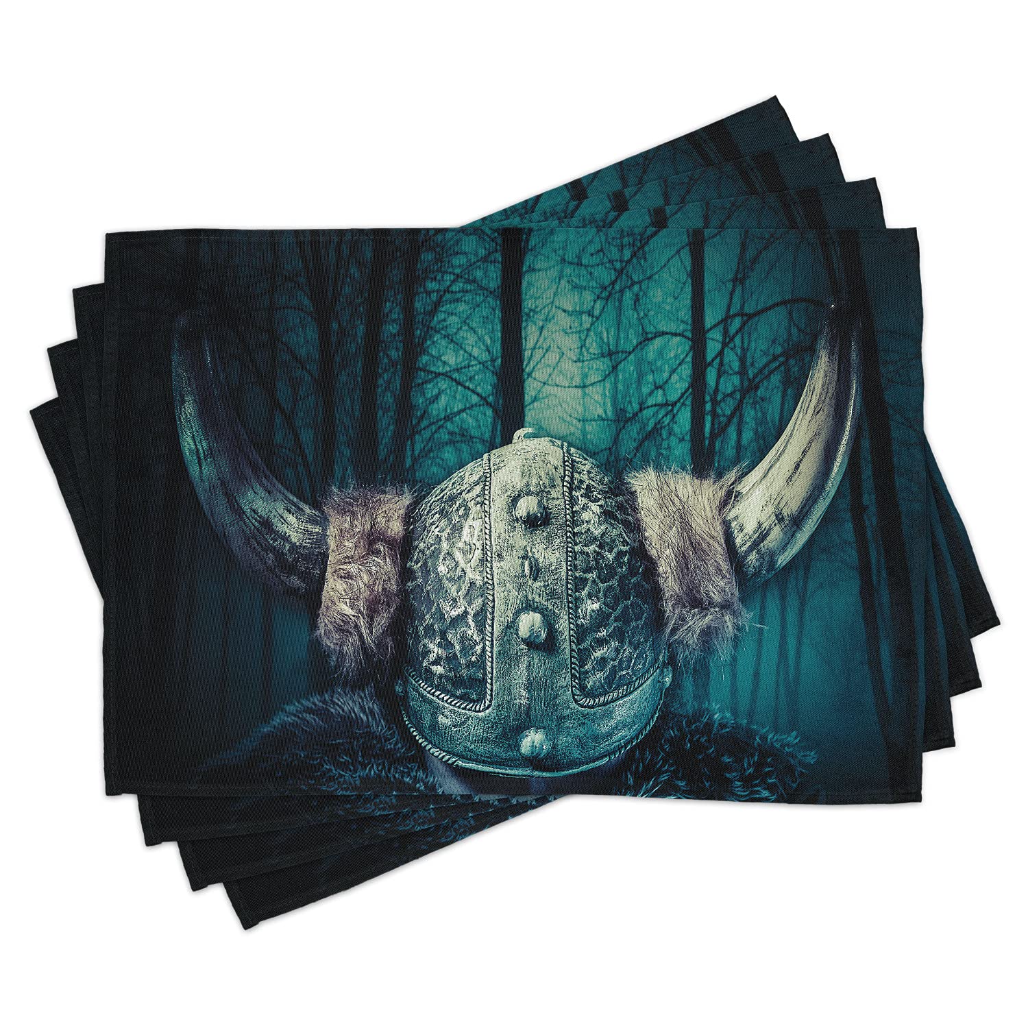 Lunarable Viking Place Mats Set of 4 - Norse Barbarian Warrior with Horns in Mystical Scandinavian Forest, Washable Fabric Table Mats for Dining Room & Kitchen Decor (Petrol Blue, Grey, Sand Brown) - Perfect for Viking-Themed Dinners, Medieval Parties, and Nordic Home Decor
