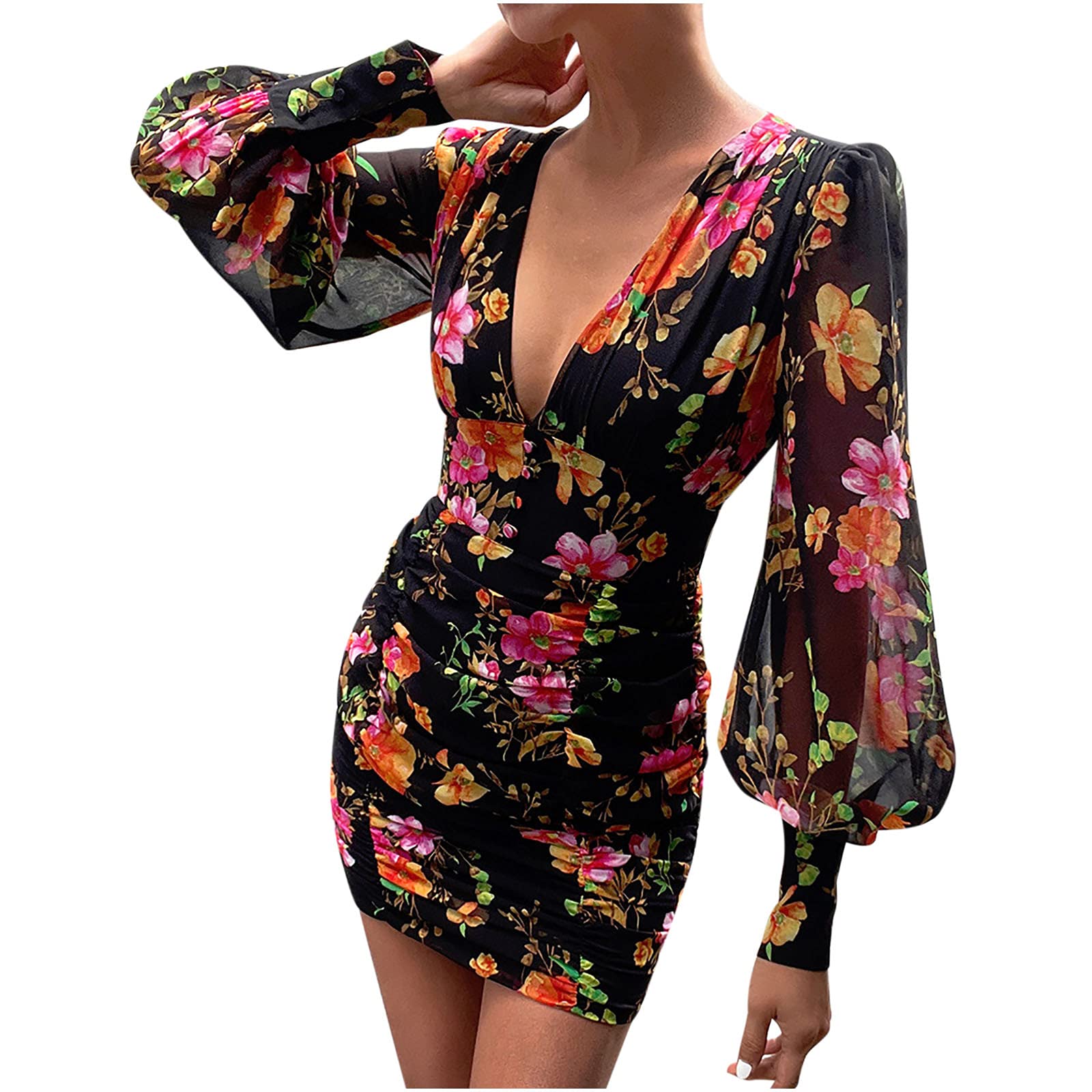 Women's Floral Print Chiffon Dress - Sexy V-Neck, Lantern Sleeves, High Waist Slim Fit Mini Dress for Party, Date Night & Summer Outings
