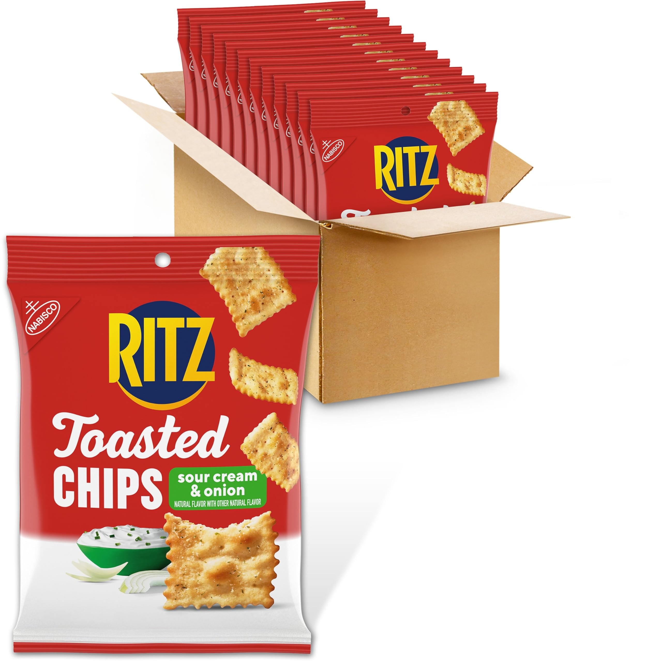 RITZ Toasted Chips Sour Cream and Onion Crackers - 12 Pack Bulk Snacks for Office, School & Travel | Crunchy Baked Snack Crackers for Parties, Lunch Boxes & On-the-Go