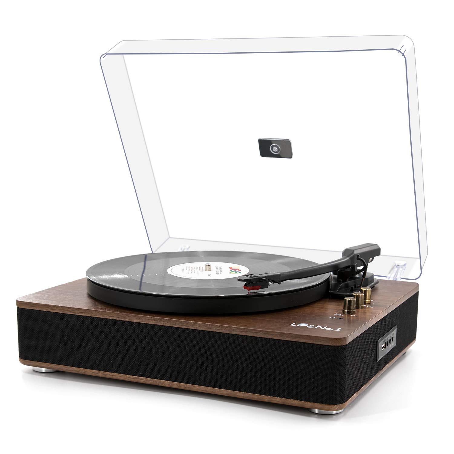 LP&No.1 Vintage Record Player with Stereo Speakers | 3-Speed Belt-Drive Turntable for Vinyl Records | Wireless Bluetooth Playback & Auto-Stop | Walnut Wood Finish | Perfect for Home, Office & Retro Music Lovers