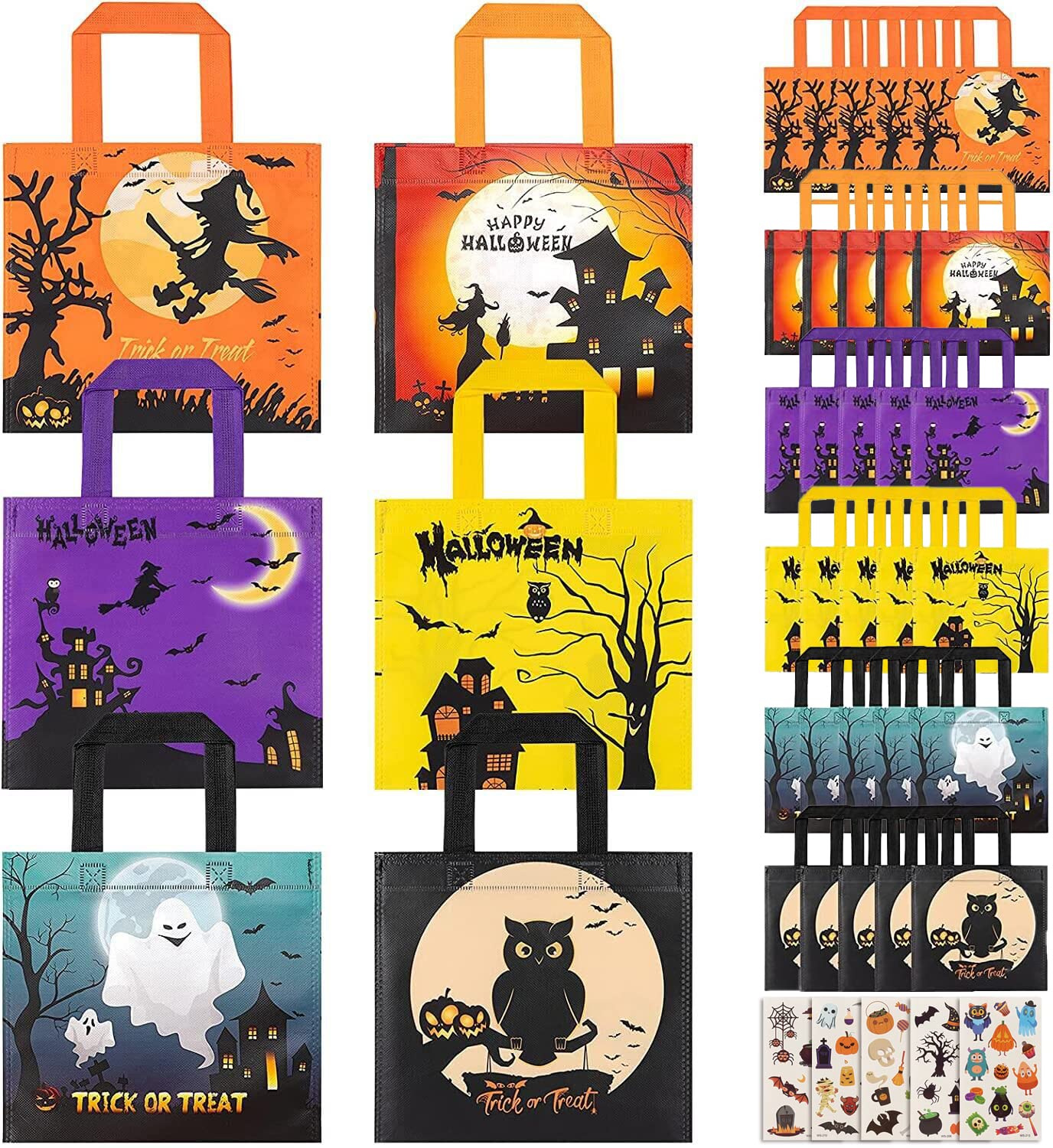 30 Pack Halloween Treat Bags - Reusable Non-Woven Tote Gift Bags for Kids Trick or Treat with 54 pcs Temporary Tattoos | Halloween Party Favors, Candy Bags & Goodie Bags (6 Fun Patterns) - Perfect for Classroom Treats, Neighborhood Trick-or-Treating & Halloween Party Supplies