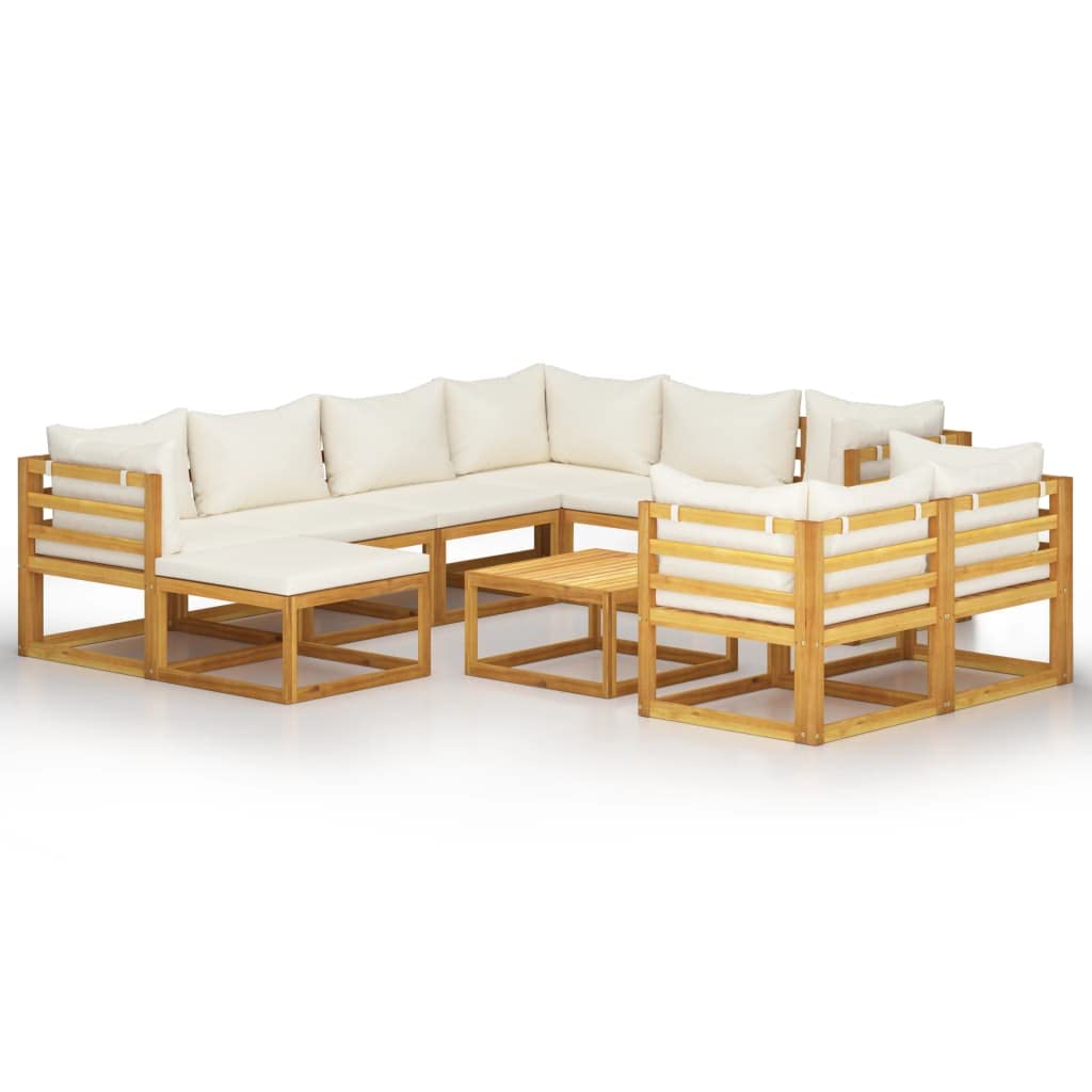 10-Piece VidaXL Patio Lounge Set - Acacia Wood Outdoor Sectional Sofa with Cushions & Coffee Table - Modern Garden Furniture for Backyard, Poolside & Patio Relaxation