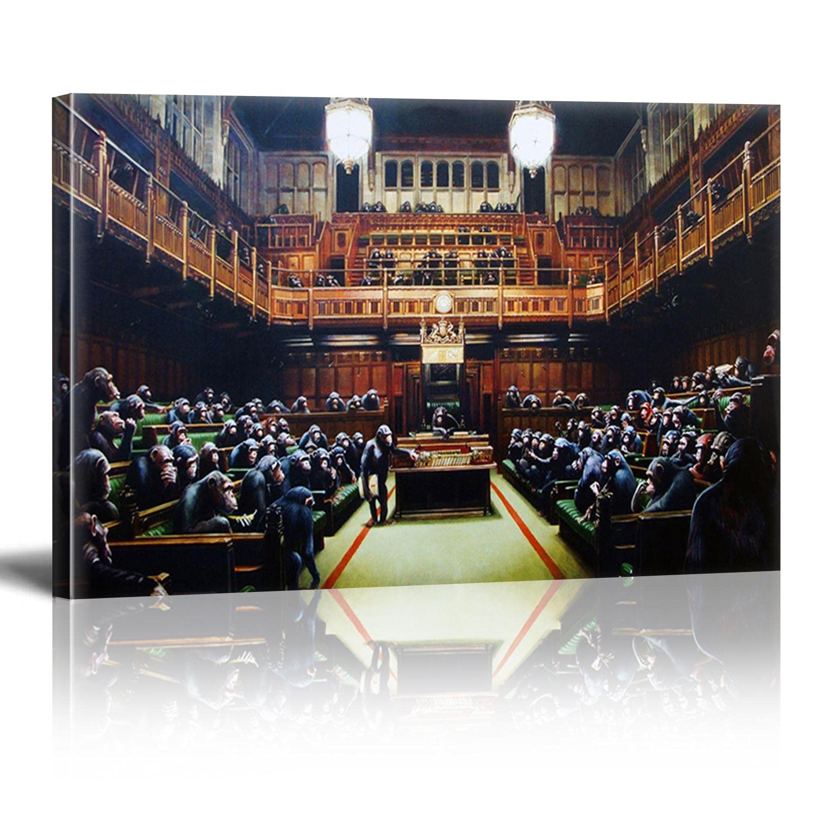 Banksy Graffiti Wall Art - Parliament of Monkeys Canvas Painting - Large Size 80x140cm (32×55 inch) Stretched & Framed Ready to Hang - Modern Home & Living Room Wall Decor - Perfect for Urban Style Interiors & Art Lovers