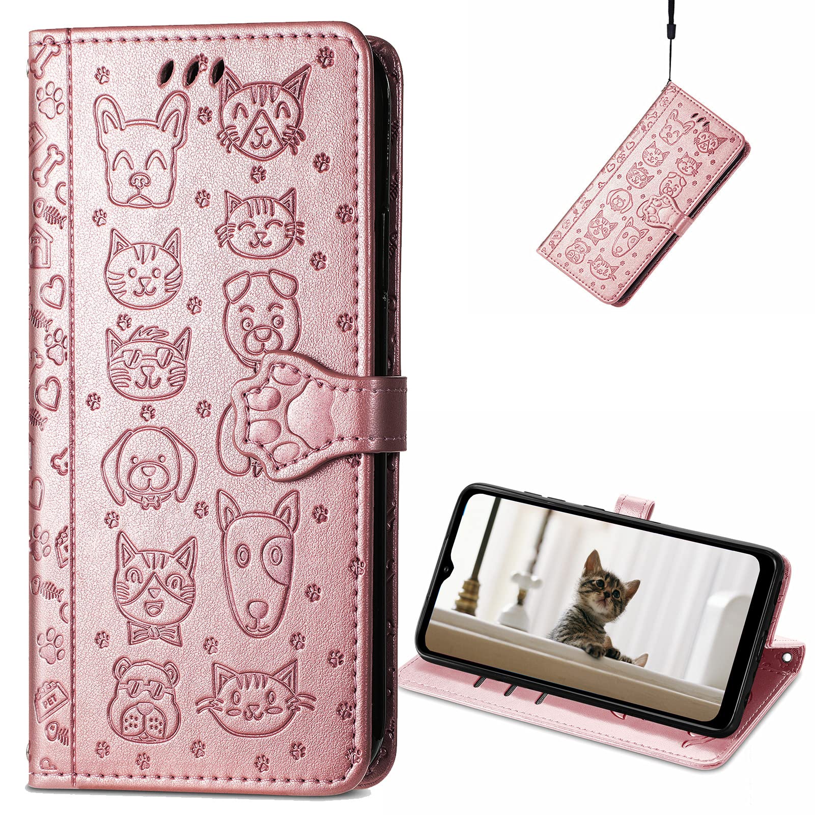Cute Cartoon Wallet Case for Samsung Galaxy S22 - Cat & Dog Style Flip Cover with ID Card Holder, PU Leather Phone Case (Rose Gold) - Perfect for Daily Use, Travel & Work