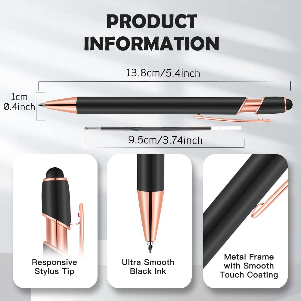 12-Pack 2-in-1 Stylus Ballpoint Pens with 1.0mm Black Ink - Metal Touch Screen Stylus Pen with 12 Refills (Rose Gold & Gray) for iPad, iPhone, Android Tablets & Digital Note Taking