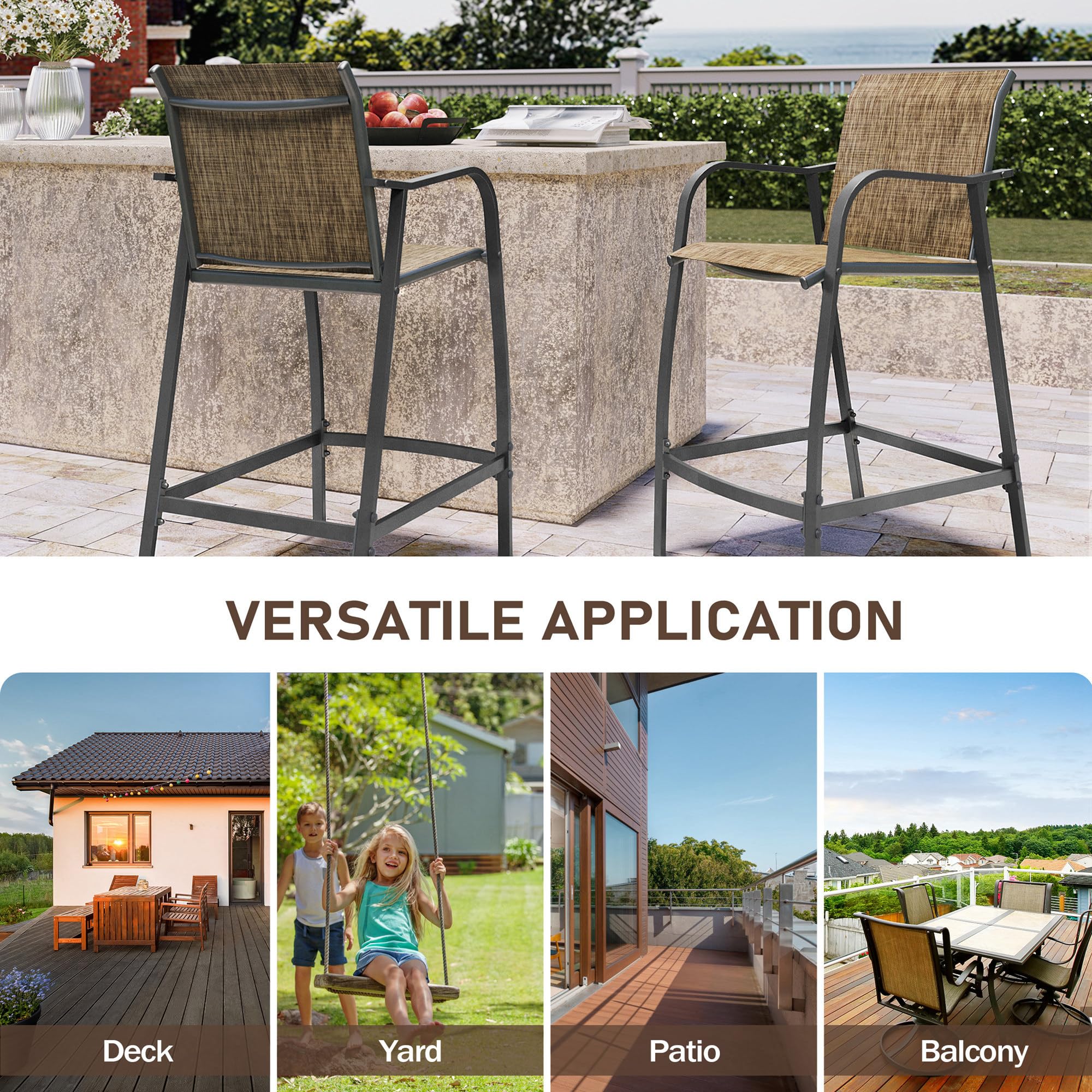 2-Pack Outdoor Metal Bar Stools - Counter Height Steel Patio Chairs with Textilene Seat, Armrest & Footrest - Lightweight Brown Bar Stools for Backyard, Deck, Poolside & Garden Use