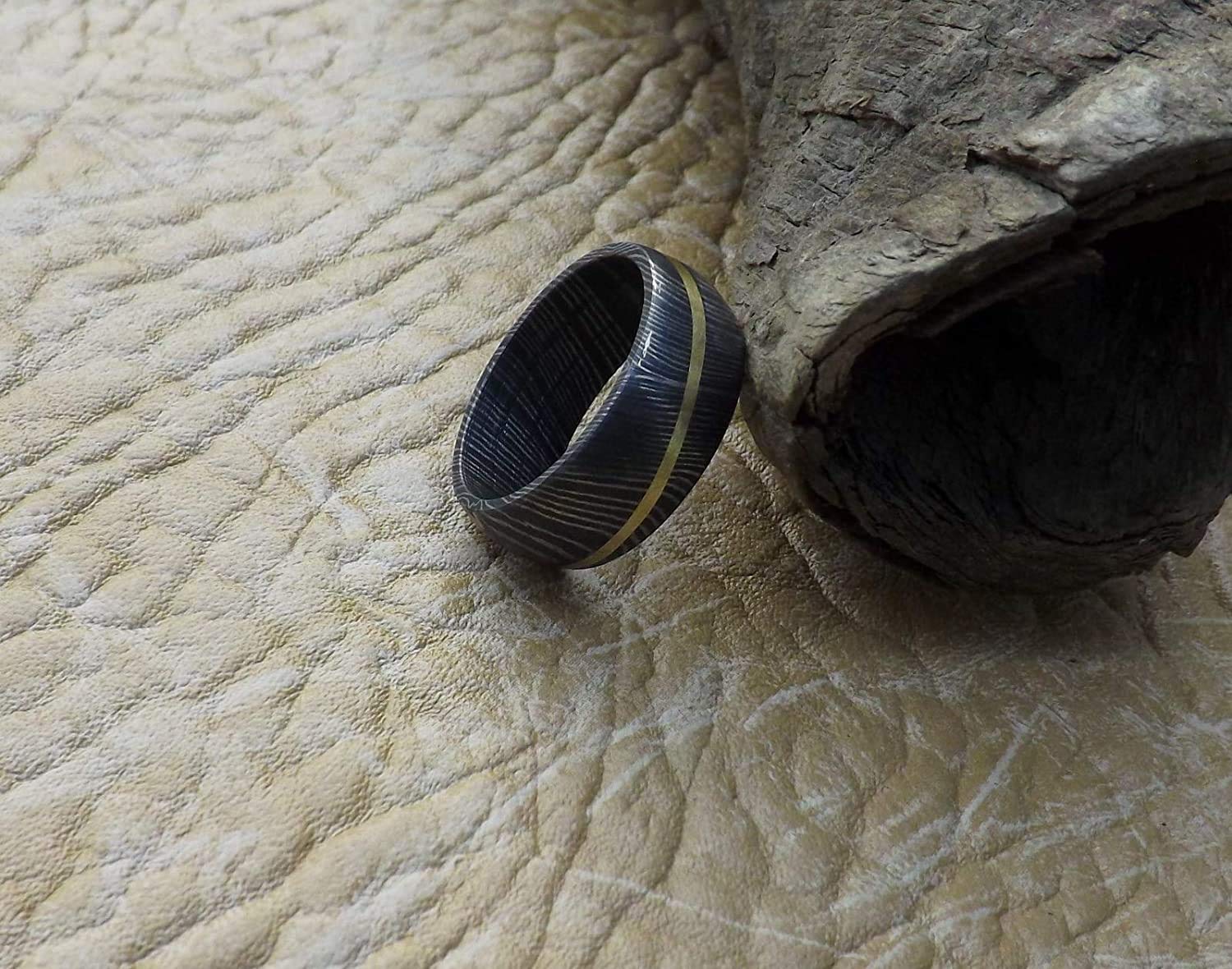 Handmade Damascus Steel Ring with Brass Inlay - Custom Engraved Anniversary, Wedding, and Father's Day Band (KE-234-AT) - Perfect for Gifts, Proposals & Special Occasions