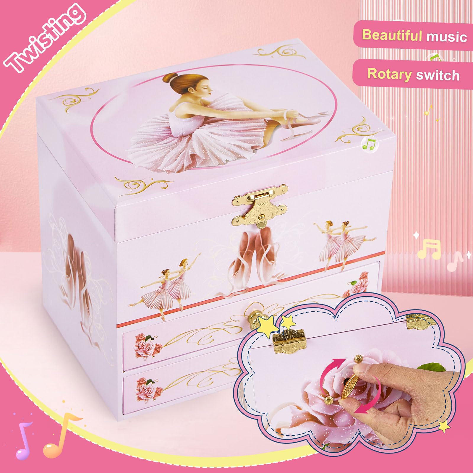 Girl's Ballerina Musical Jewelry Box with 2 Drawers & Spinning Dancer - Perfect Gift for 3-12 Year Old Girls, Jewelry Storage Organizer for Bedroom, Birthday & Christmas Presents