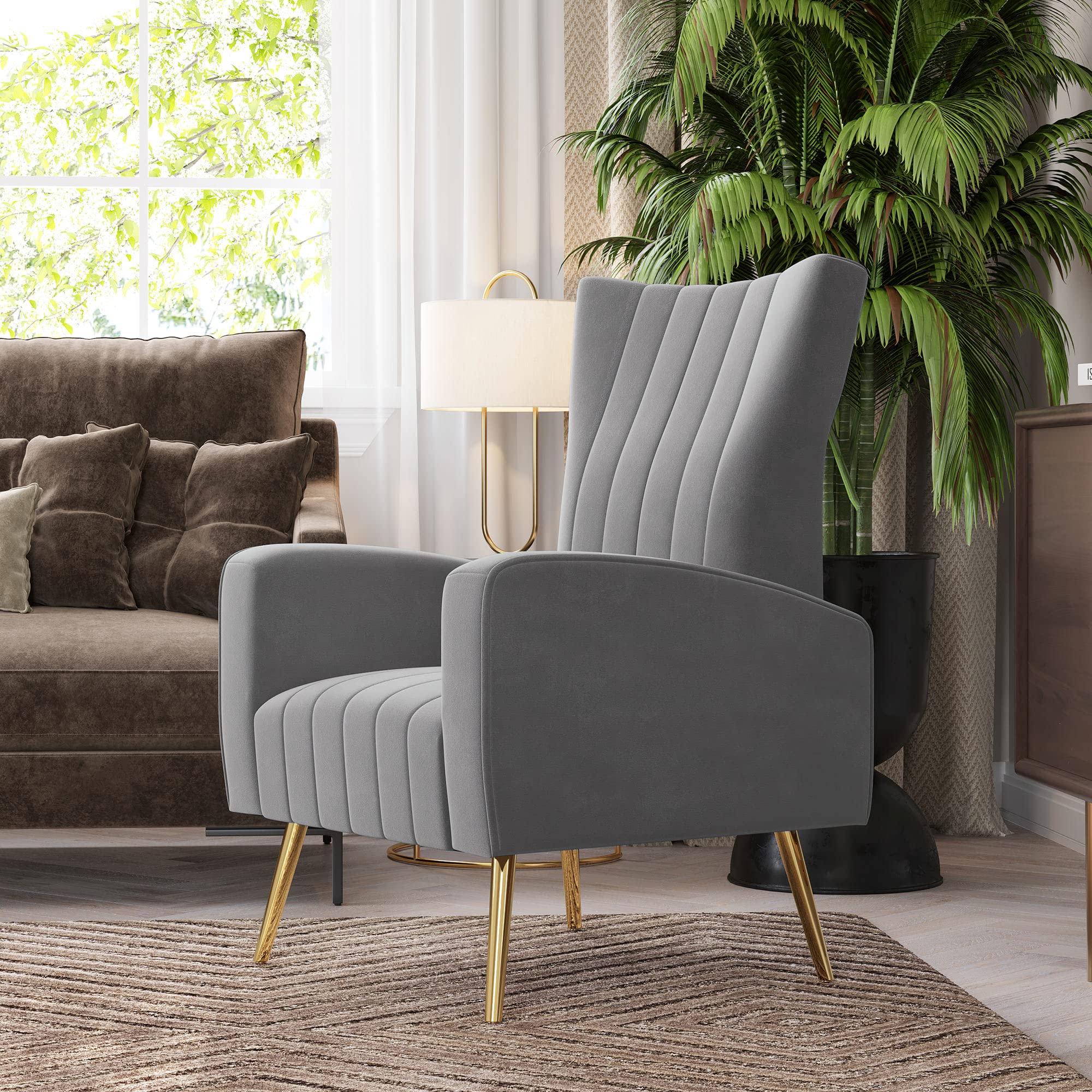 BELLEZE Modern Velvet Wingback Accent Chair with Metal Legs & Armrests - Upholstered High Back Vanity Chair for Living Room, Bedroom, Office - Kinsley (Gray) - Perfect for Reading, Relaxing & Home Decor