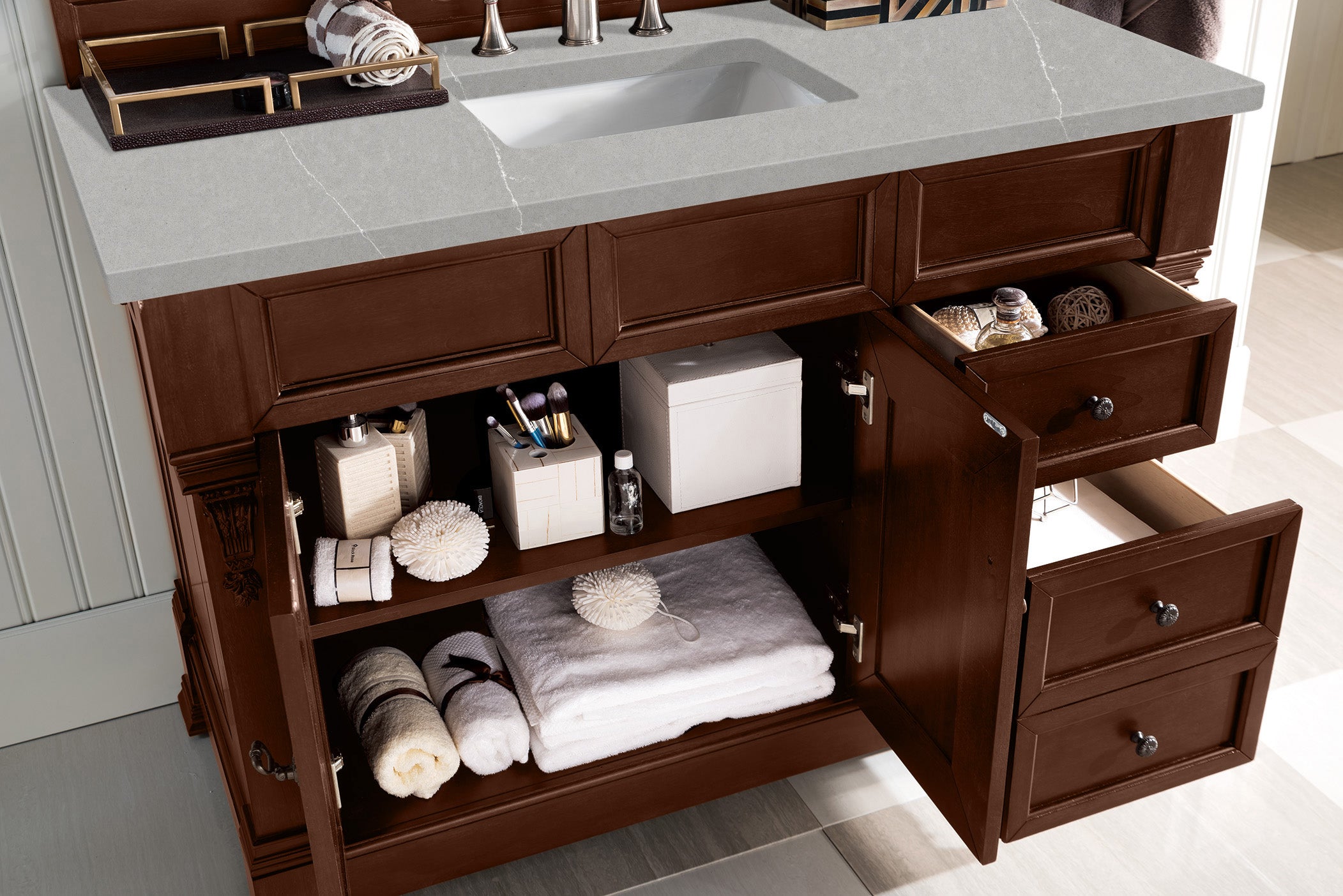 Brookfield 48 Inch Single Bathroom Vanity Set - Warm Cherry Finish with 3CM Eternal Serena Quartz Countertop | Perfect for Modern Bathroom Remodel & Small Space Design