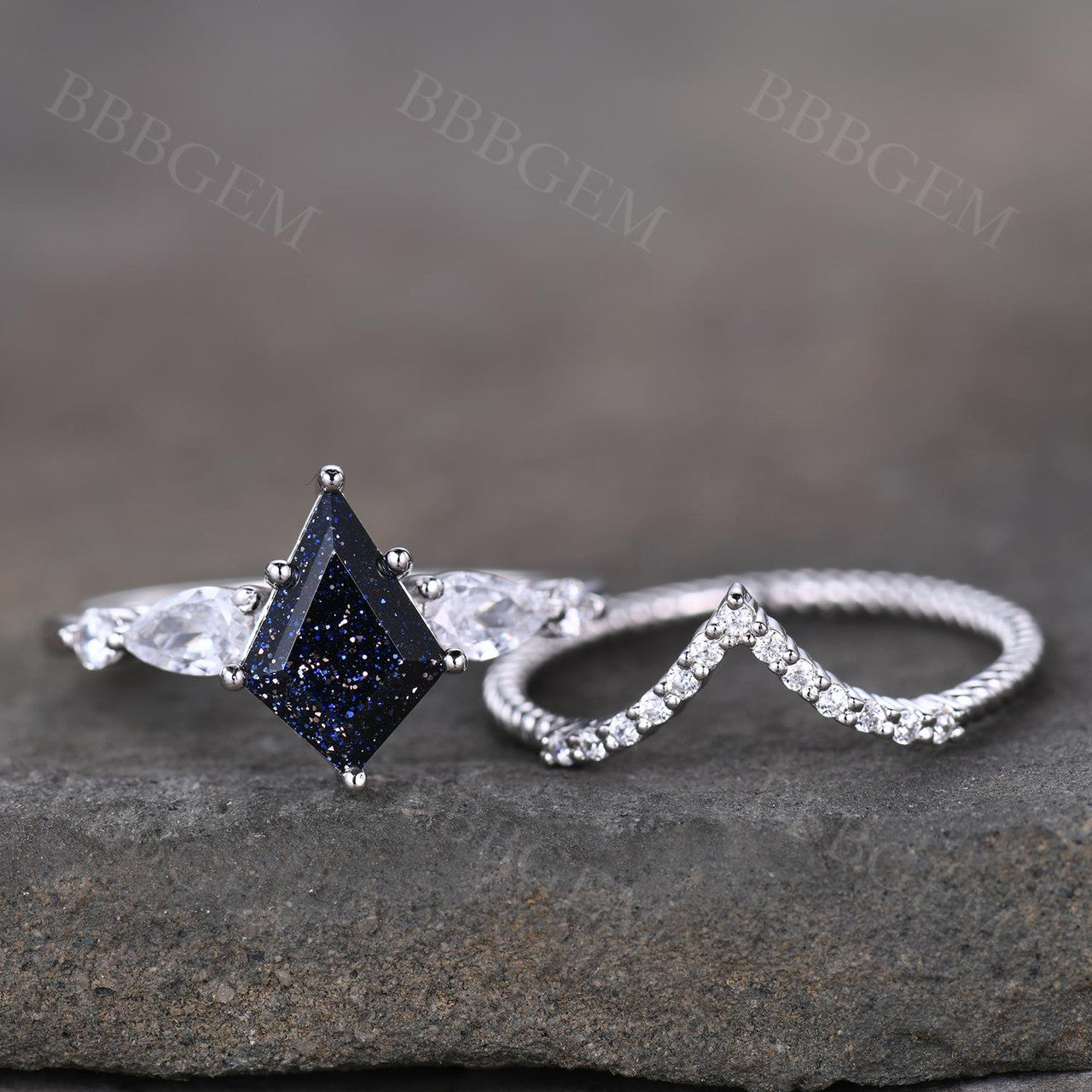 10x7mm Kite Cut Blue Sandstone Engagement Ring with Curved Moissanite Matching Band in 14K White Gold - Perfect for Weddings, Proposals & Anniversary Gifts