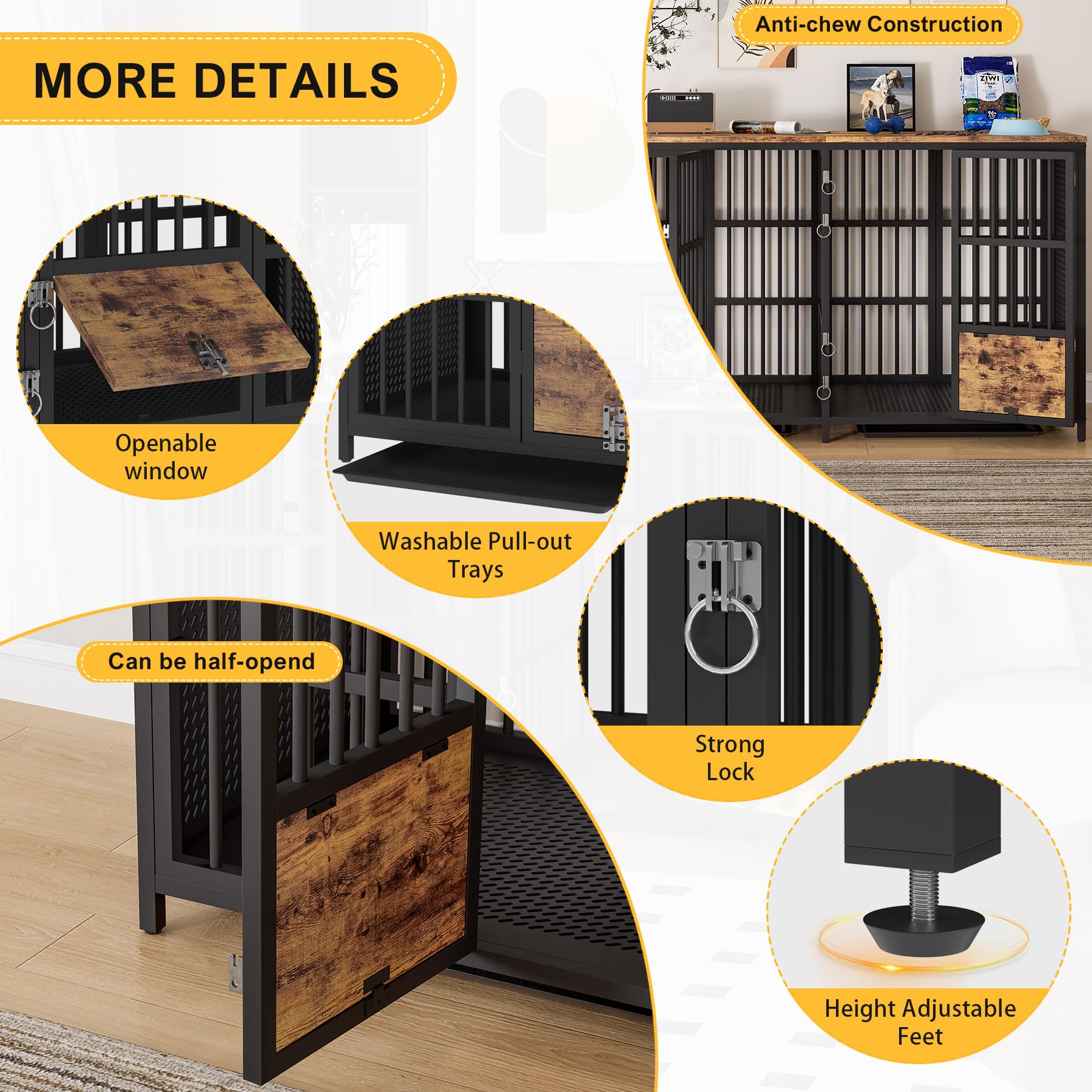 BOINN 63 Inch Large Dog Crate Furniture - Heavy Duty Double Dog Kennel with Divider & Removable Trays for Medium to Large Dogs | Perfect for Living Room, Bedroom or Office Pet Containment