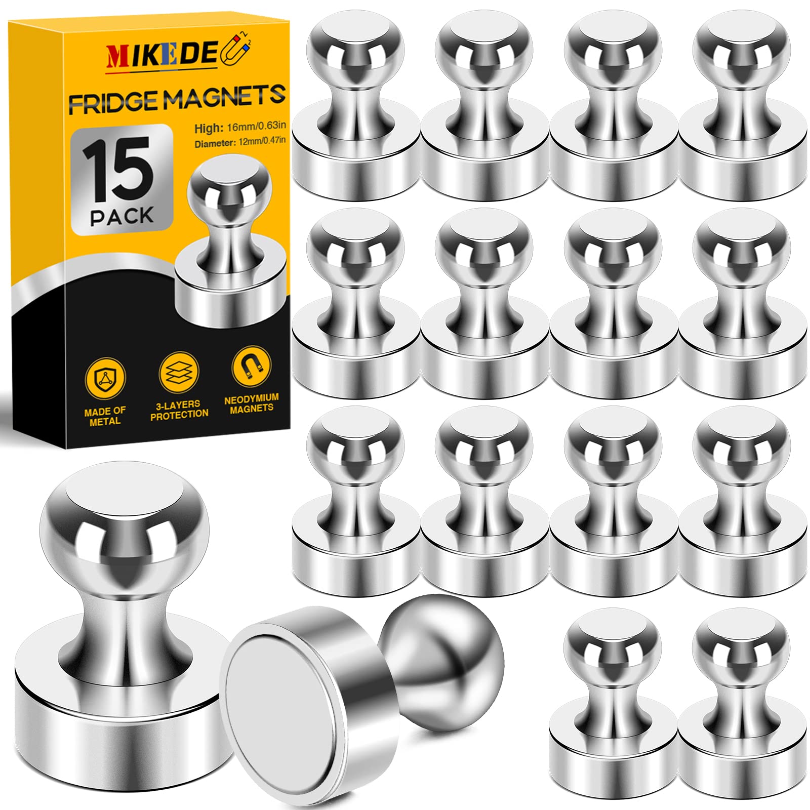 MIKEDE 15Pcs Strong Neodymium Fridge Magnets - Whiteboard Magnets, Refrigerator Magnets & Push Pins for Office, School, Classroom & Kitchen - Perfect for Organizing Notes, Photos & Reminders