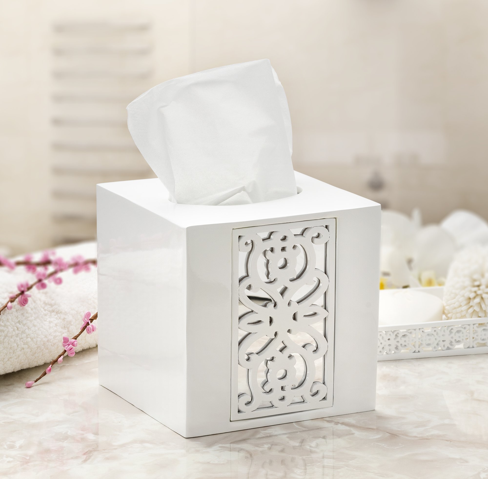 Creative Scents Mirror Janette White Square Tissue Box Cover - Decorative Bathroom Tissue Holder with Durable Bottom Slider - Elegant Mirrored Organizer for Home & Office Decor