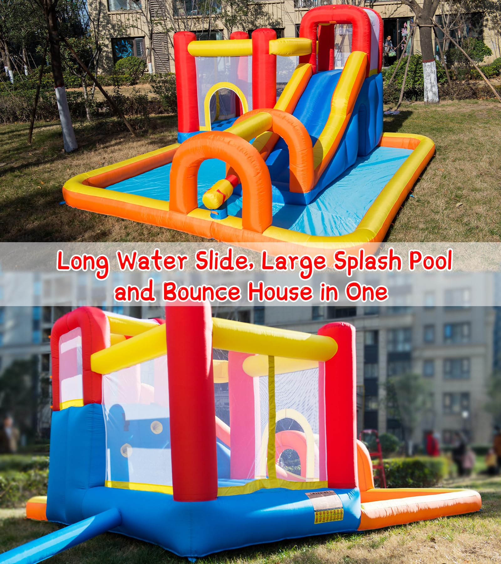 Baralir Inflatable Bounce House Water Park with Long Slide & Splash Pool for 5 Kids - Outdoor Backyard Summer Fun with Cave, Tunnel & Water Cannon for Birthday Parties, Family Gatherings & Kids Playtime