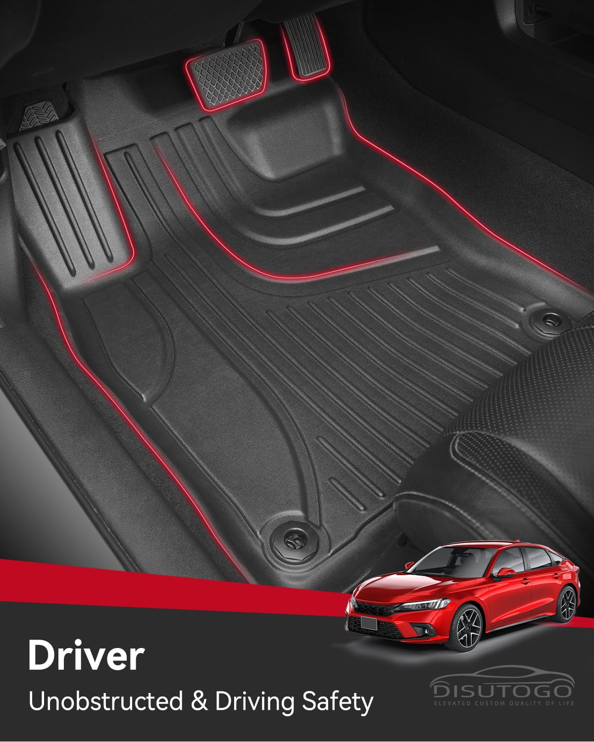 2022-2025 Honda Civic Sedan & 2023-2024 Acura Integra All Weather Floor Mats - TPE Rubber Floor Liners, Non-Slip, Odorless, Full Set (Black) - Perfect for Daily Commuting, Road Trips & All-Season Protection (Fits Sedan Models with Rear USB Ports, Not for Hatchback)