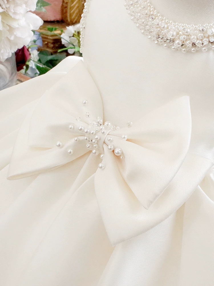 White Princess Round Tea Length Satin Flower Girl Dress for Weddings, Birthday Parties & Special Occasions