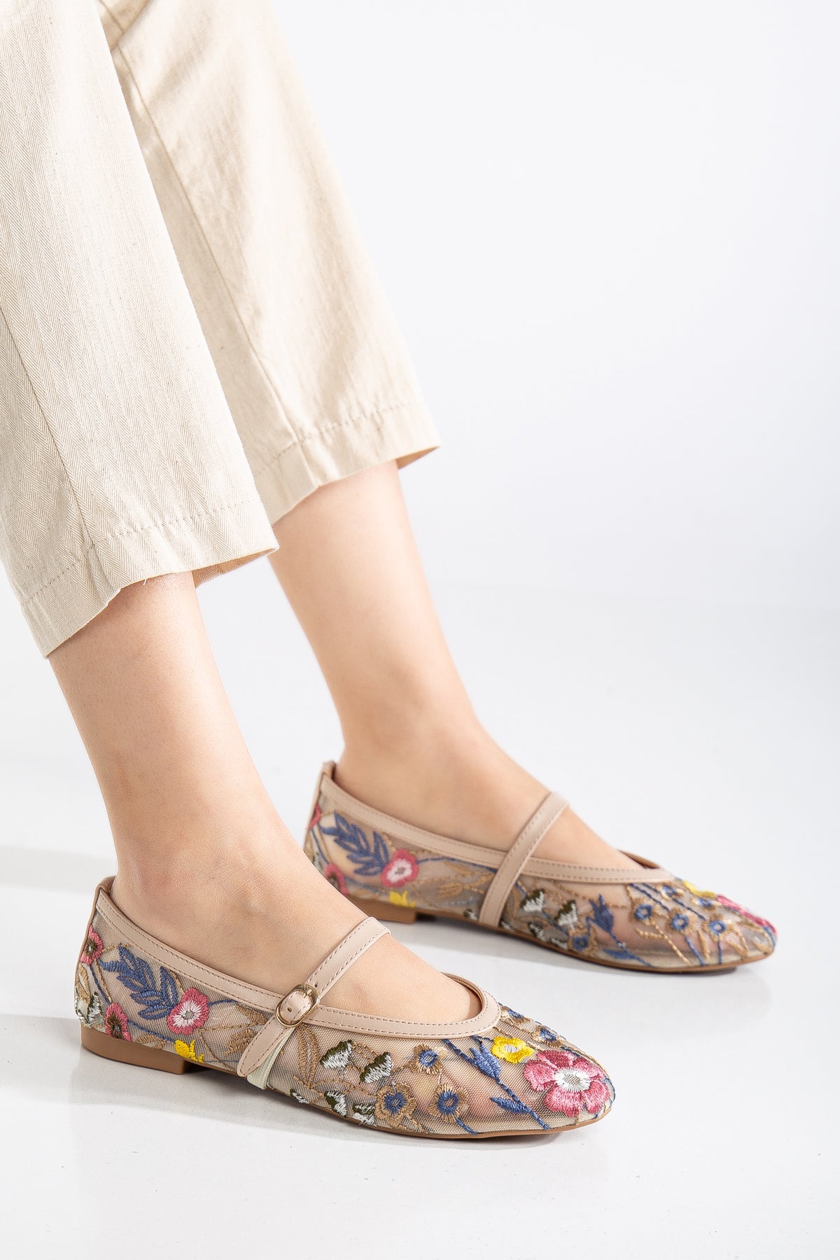 Fauna Beige Mesh Mary Jane Flats for Women - Comfortable & Breathable Casual Shoes for Work, Walking & Everyday Wear