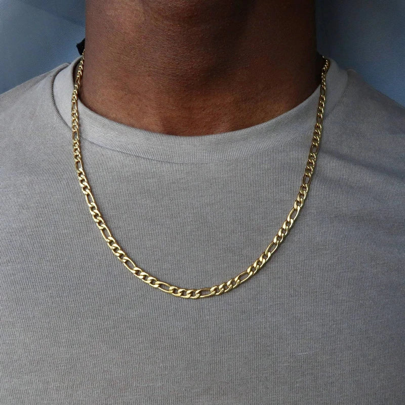 Figaro Cuban Link Chain Necklace for Men - 14K Gold Plated Stainless Steel Jewelry for Everyday Wear & Gifting