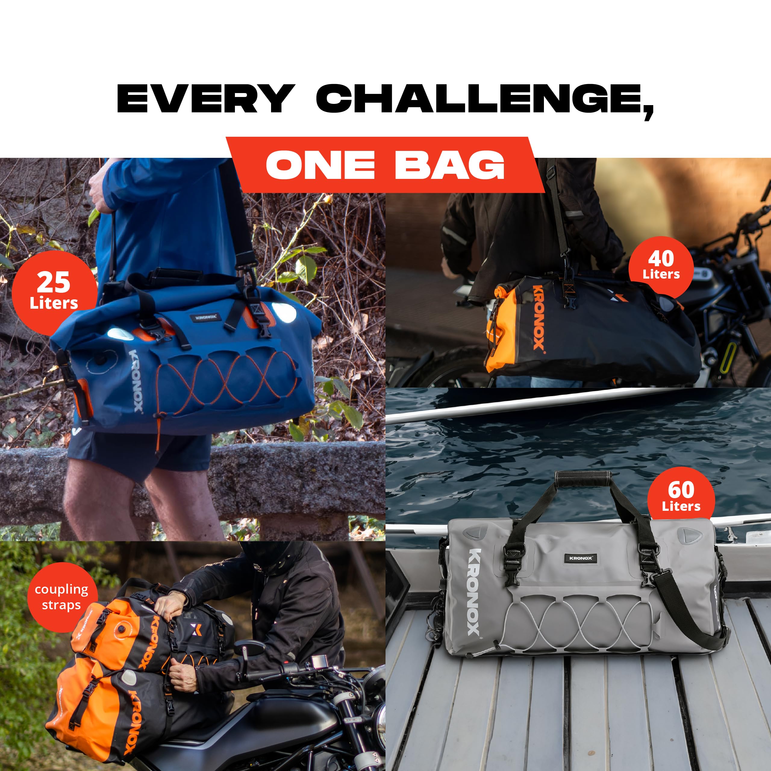 KRONOX Waterproof Motorcycle Duffle Bag - 25L/40L/60L Travel Luggage, Dry Gear Bag for Back Seat, Tail & Rack - Perfect for Camping, Commuting & Adventure Rides