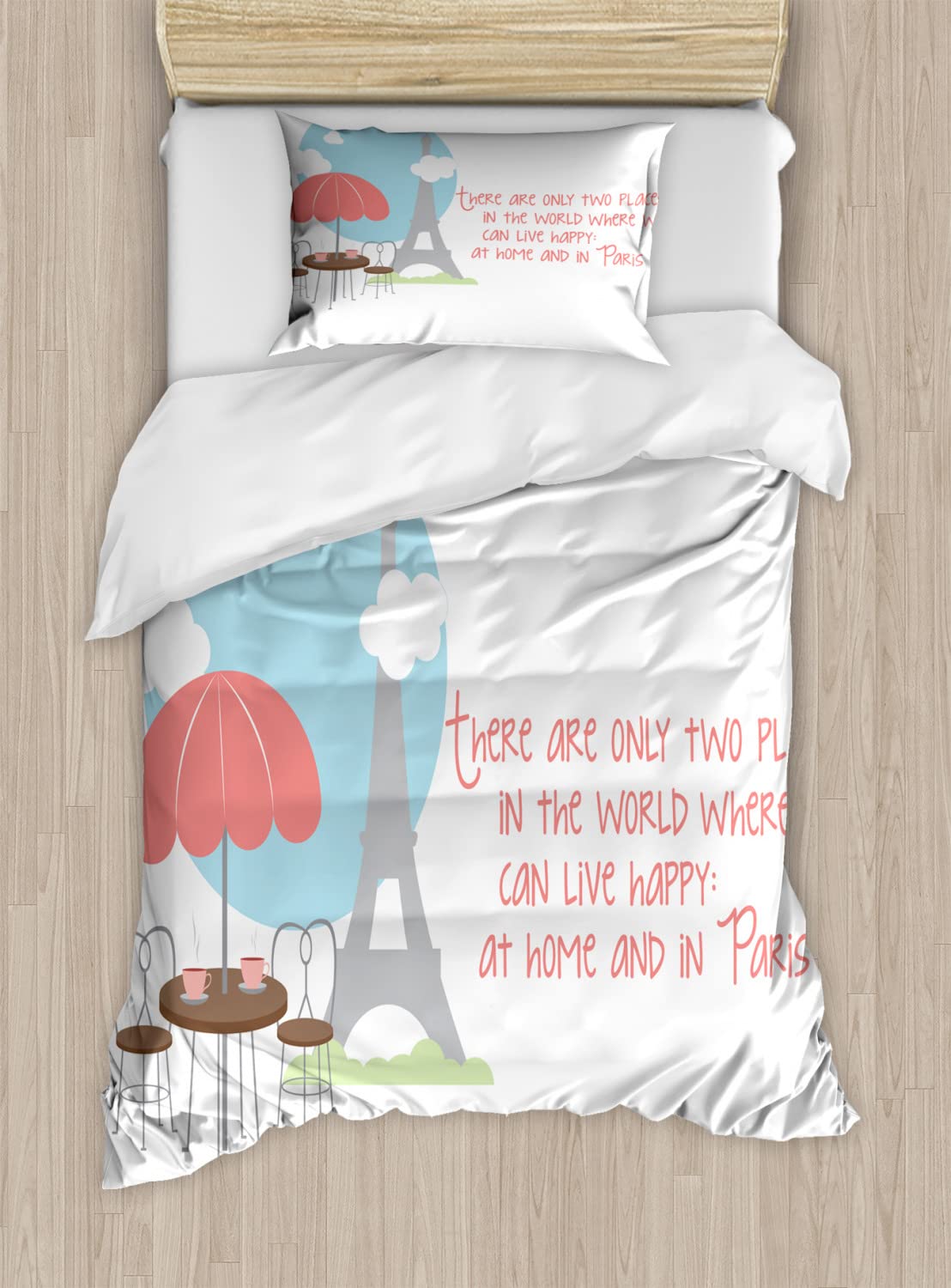 Ambesonne Paris Eiffel Tower Duvet Cover Set - Twin Size 2-Piece Bedding with 2 Pillowcases, Coral & Taupe French Landscape Design | Perfect for Paris-Themed Bedrooms, Guest Rooms & Airbnb Decor