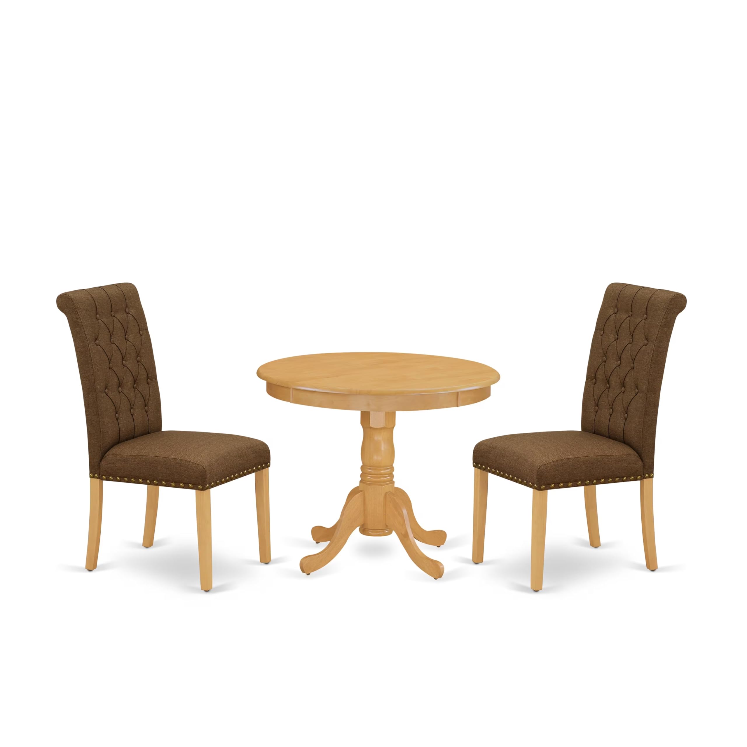 East West Furniture ANBR3-OAK-18 3-Piece Round Oak Dining Table Set with Pedestal Base & 2 Brown Linen Parsons Chairs, 36x36 Inch - Perfect for Small Kitchens, Breakfast Nooks & Cozy Dining Spaces