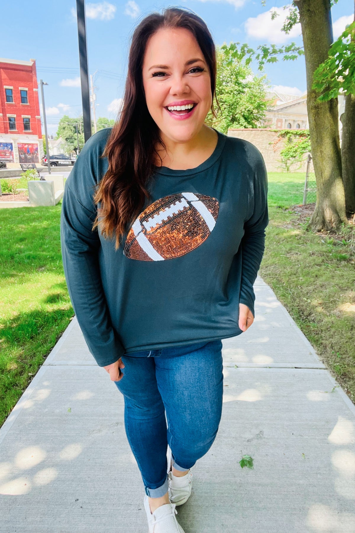 Game Day Forest Green Sequin Football Patch Terry Top - Sparkling Football Jersey for Women's Sports & Party Outfits