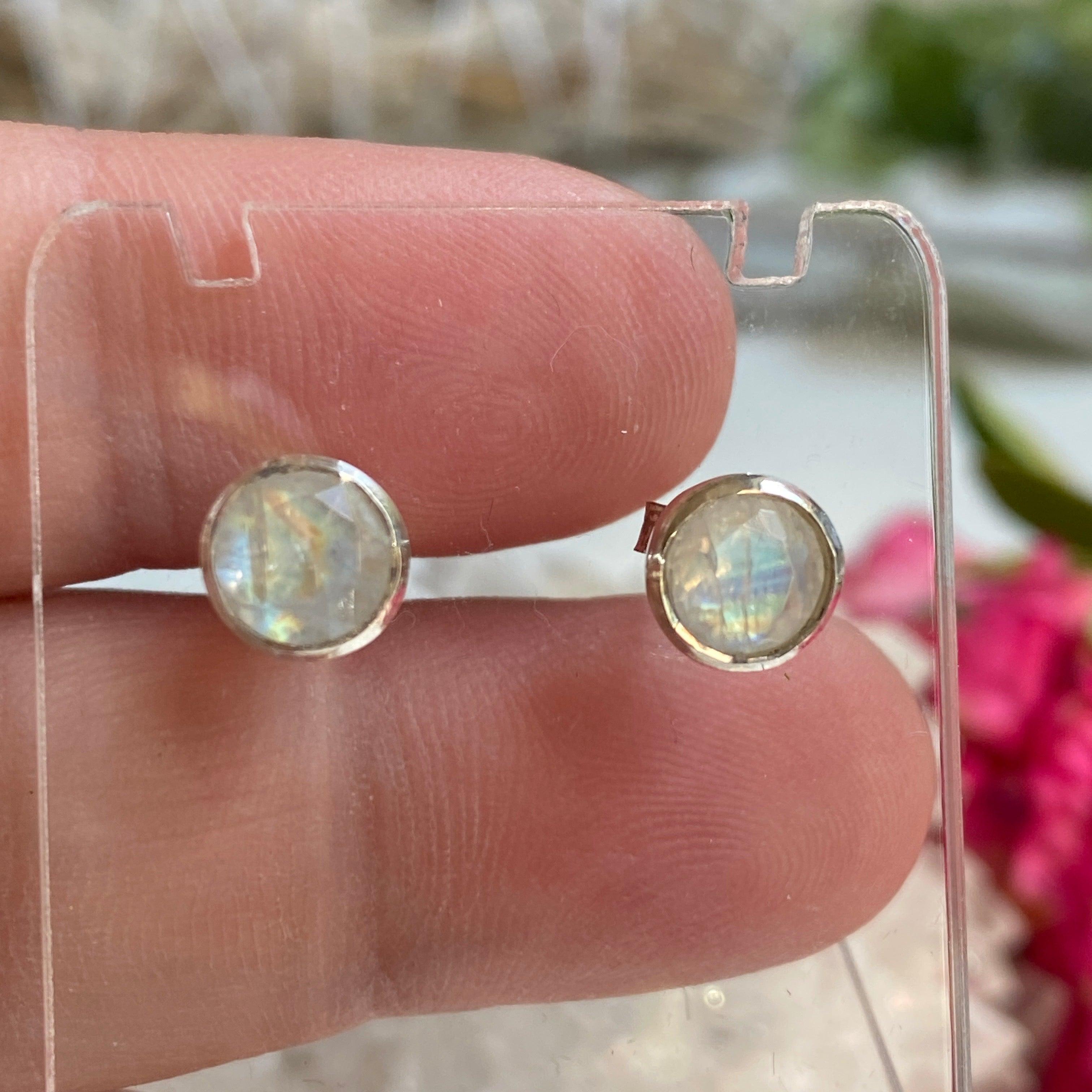 Moonstone Round Faceted Stud Earrings - Dainty Silver Jewelry for Women - Perfect for Everyday Wear, Parties & Gifts