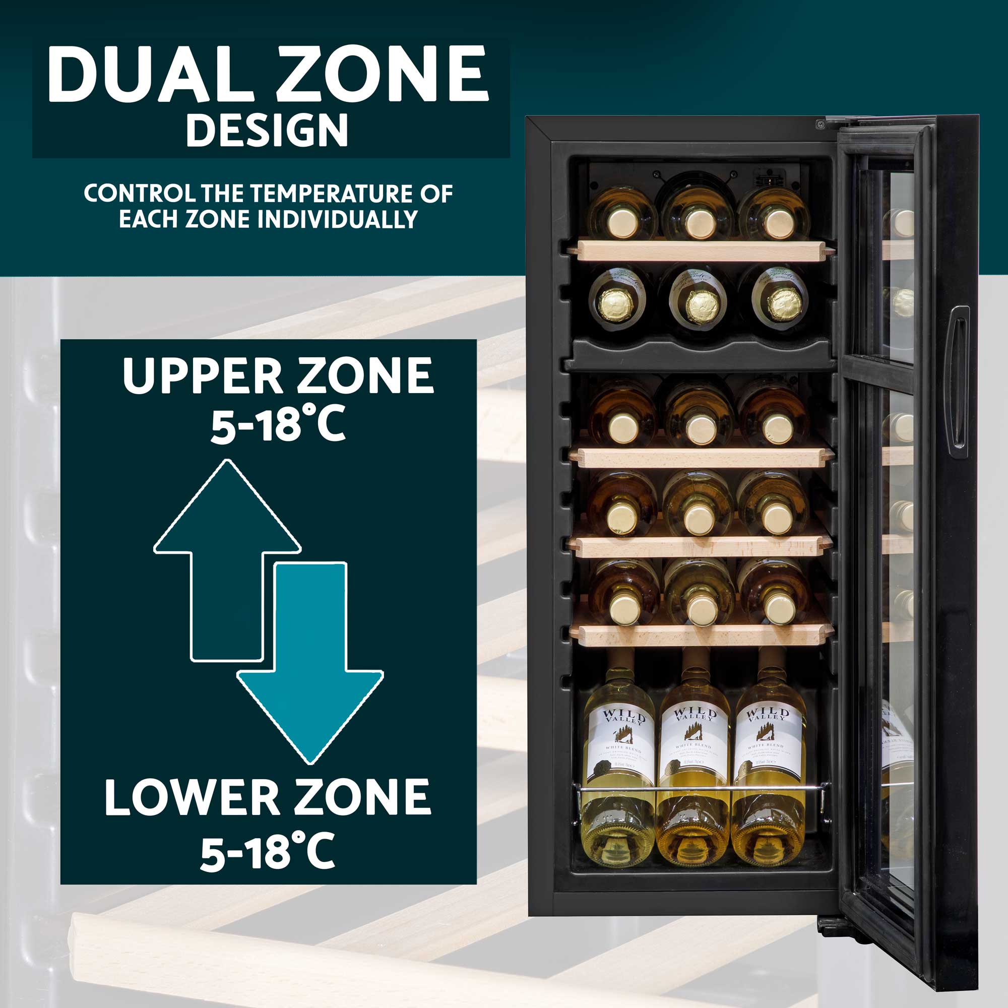Baridi 18 Bottle Dual Zone Wine Cooler Refrigerator - Touch Screen Control, Wooden Shelves, LED Display for Home, Office, or Restaurant Use - Perfect for Wine Storage and Chilling