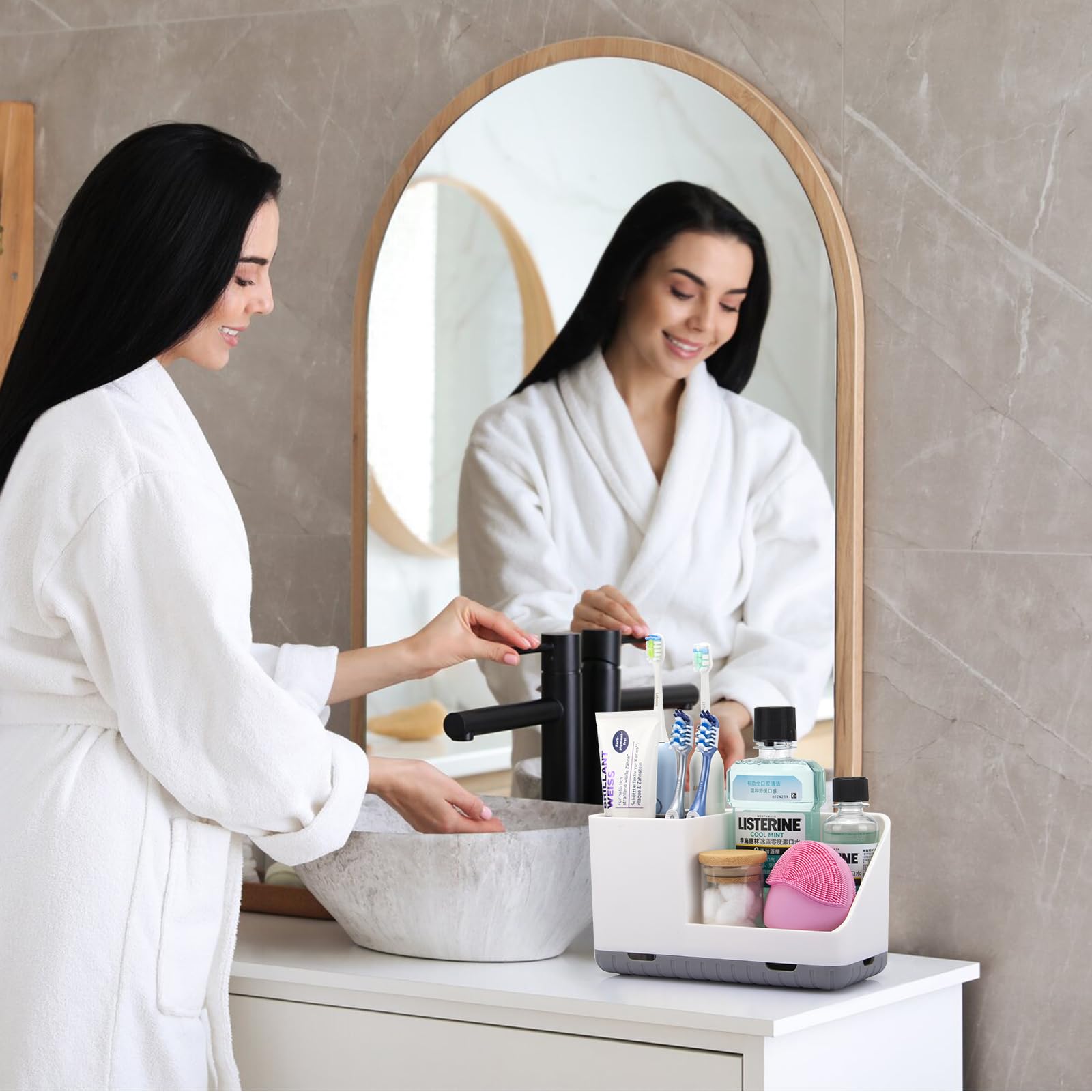 Bathroom Toothbrush Holder with Drainage - Countertop Organizer for Kids Electric Toothbrush & Toothpaste Storage - Grey Sink Organizer for Bathroom Counter, Shower, or Dorm Room
