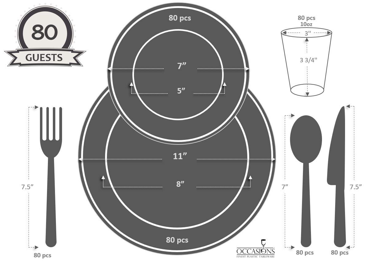 560-Piece Heavyweight Disposable Plastic Wedding Plate Set - 80 x 11'' Dinner Plates, 80 x 7'' Dessert Plates, Silverware, Cups & Napkins (Chateau White) - Perfect for Weddings, Parties, Banquets & Large Gatherings
