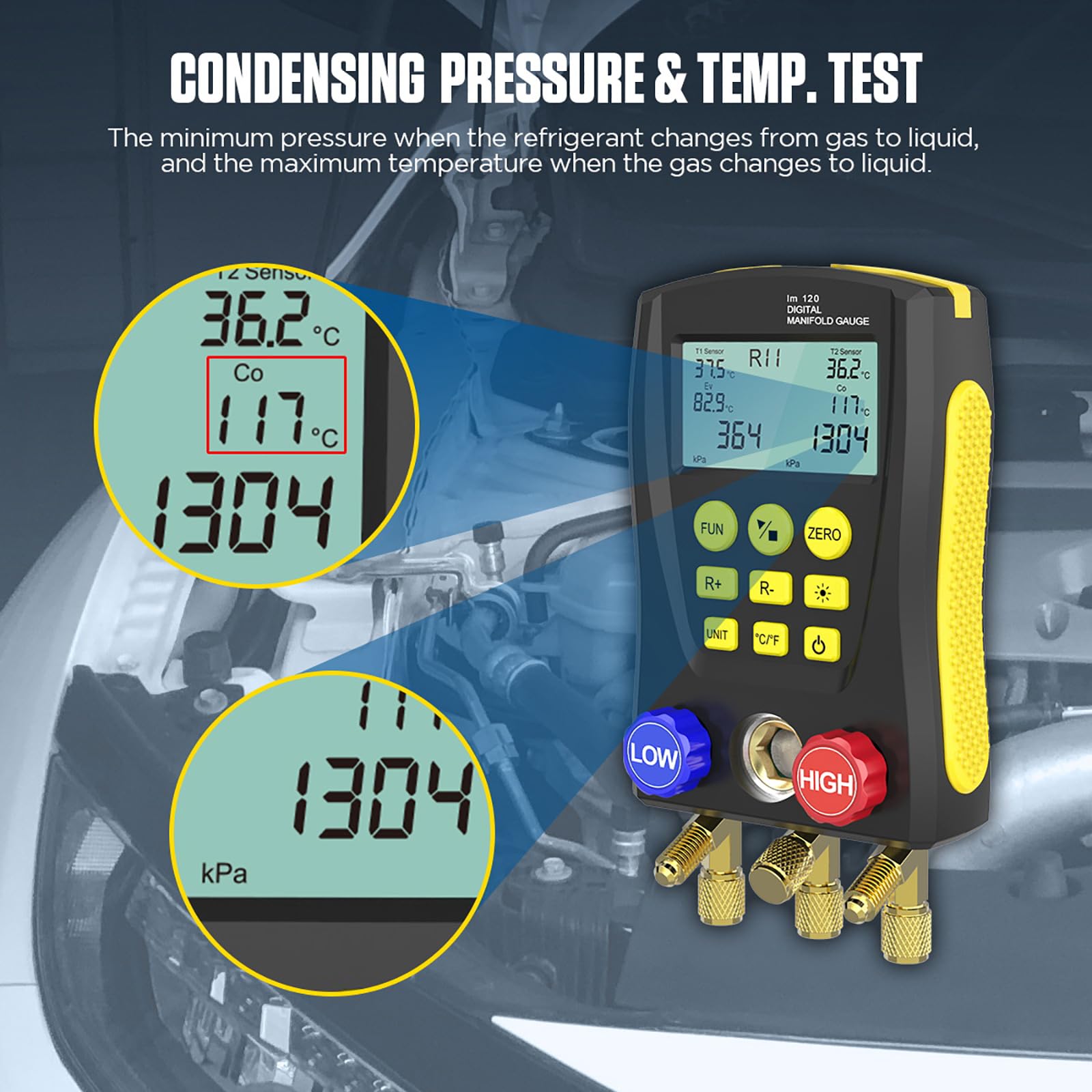 QPKING Digital Manifold Gauge Set - HVAC Refrigeration Pressure Temperature Tester with 3 Hoses & Built-in 89 Database - Professional LM120 Leak Detection Kit for AC Repair, Refrigerant Charging and HVAC System Maintenance