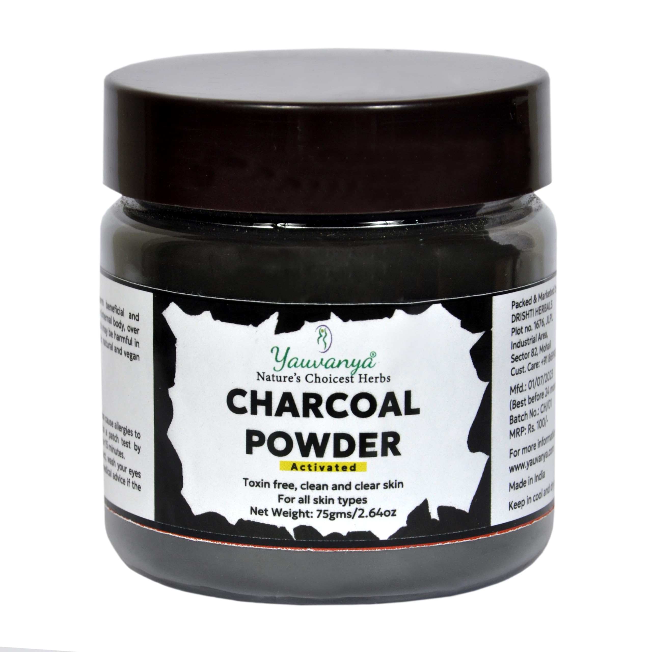 Yauvanya Activated Charcoal Powder 75g - Detoxifying Face Cleanser for Oily Skin | Absorbs Excess Oil & Removes Toxins | Perfect for Deep Pore Cleansing & Acne Treatment