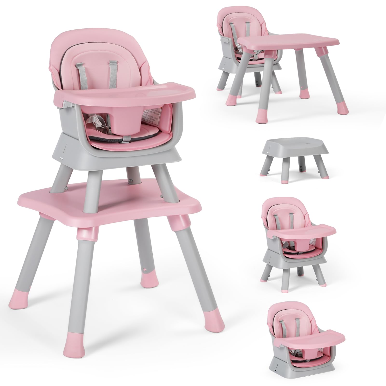 8-in-1 Convertible Baby High Chair with Removable Tray - Adjustable Toddler Dining Booster Seat & Kids Building Block Activity Table - Safe Feeding Chair for Boys & Girls (Pink) - Perfect for Mealtime, Playtime & Learning Activities