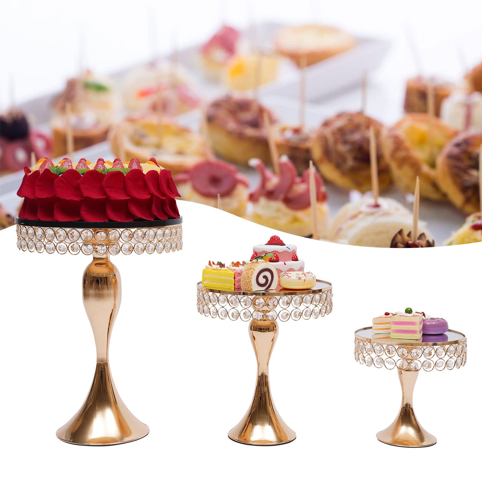 3-Piece Rose Gold Crystal Beaded Cake Stand Set with Pendants - Elegant Round Cupcake & Dessert Display Stand for Birthday Parties, Weddings, Baby Showers - Perfect for Event Decor, Dessert Buffets and Table Centerpieces