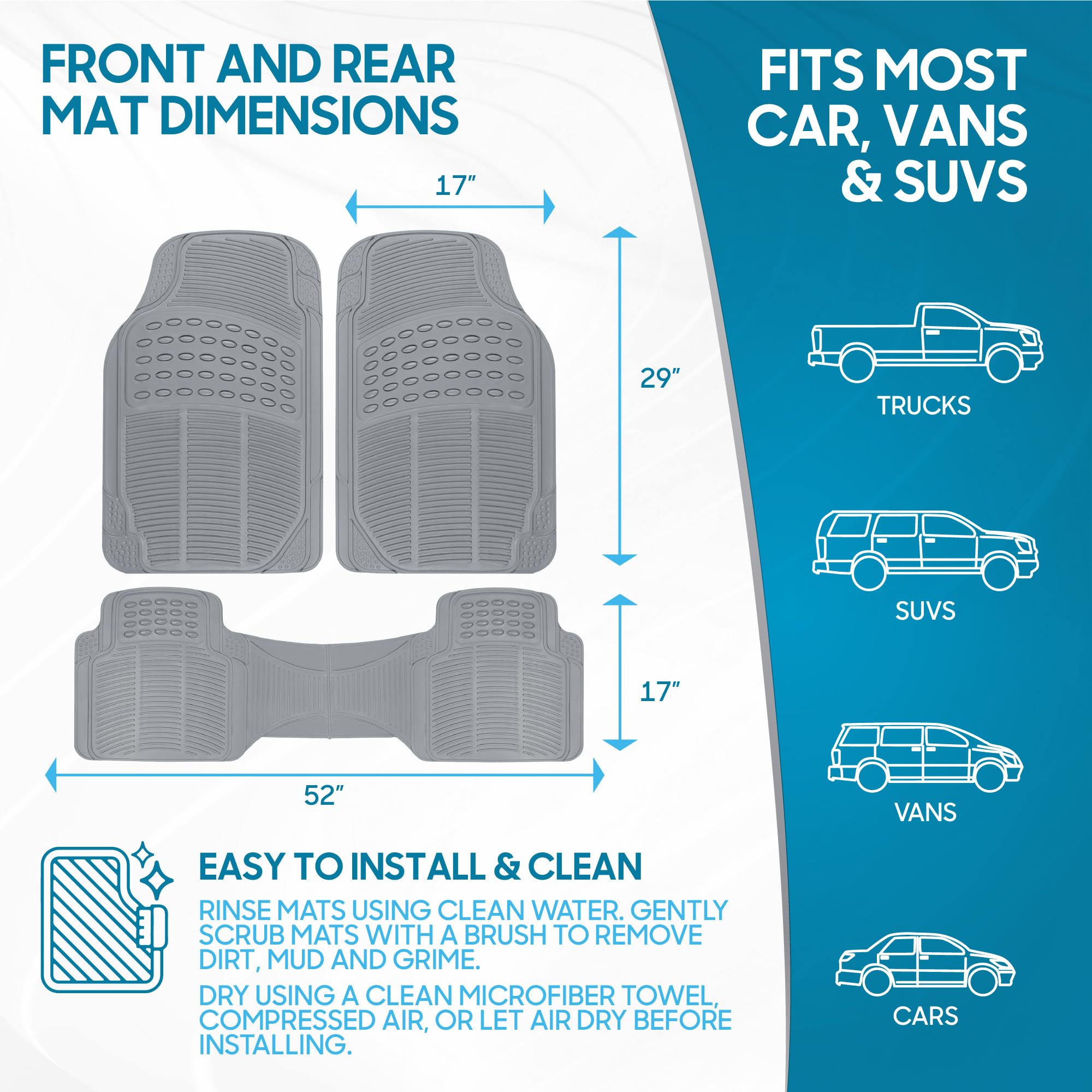 BDK Original ProLiner 3-Piece Heavy Duty Rubber Floor Mats for Cars, SUVs, Vans & Trucks - All Weather Protection, Universal Fit, Gray | Perfect for Muddy Boots, Snowy Days & Off-Road Adventures